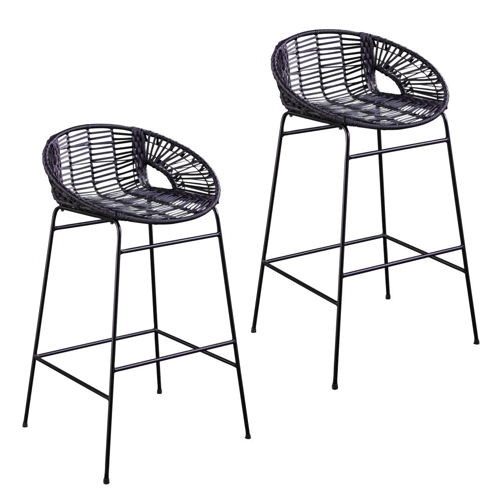 Boston Loft Furnishings ATG1254OD Cosiador Set of 2 Rattan Black Finish Iron Frame Stationary Bar Stool Chair with Woven Seat