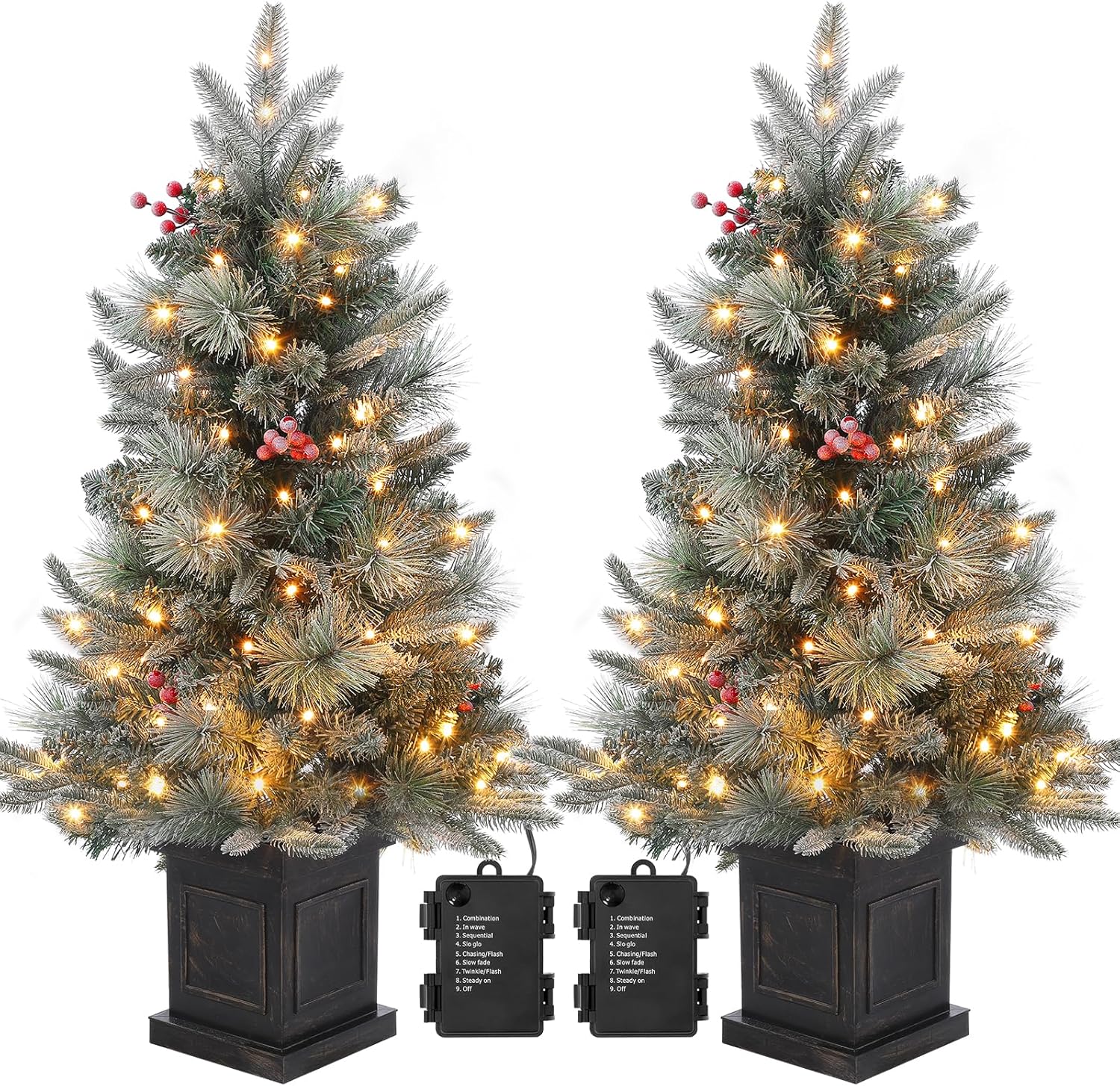 Der Rose PHO-0WIH6JYS-HF2 3FT Prelit Snow Flocked Christmas Tree with Prelit Premium 78 LED 8 Mode Battery Powered Mini Small Xmas Tree for Christmas Decoration Gift Home Office Outdoor Indoor with Classic Black Base-2PCS