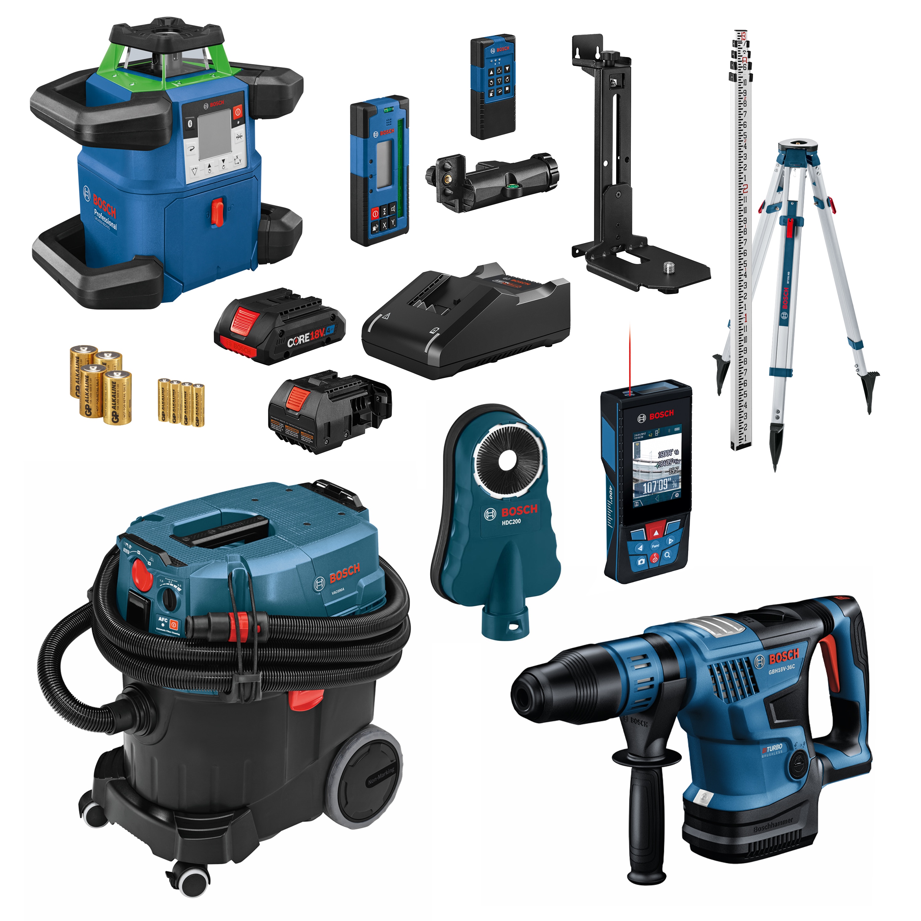 Bosch  18V PROFACTOR™ 1-1/4 In. SDS-max Rotary Hammer (Bare Tool), Dust Collection Attachment, 9 Gallon Dust Extractor, BLAZE 400-ft Outdoor Red Laser Distance Measurer, and 18V Green-Beam 4000-ft Self-Leveling Horizontal/Vertical Rotary Laser Kit