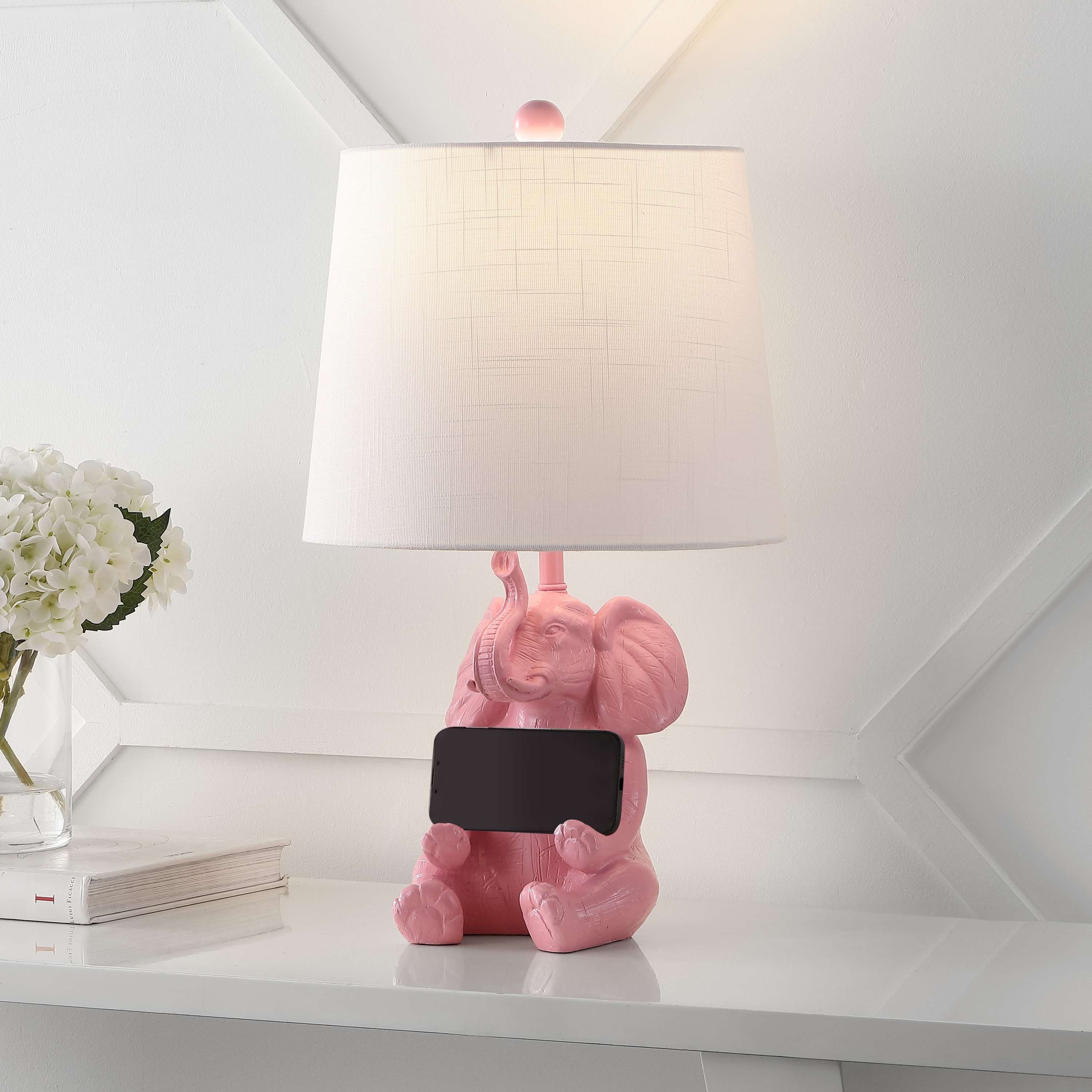 JONATHAN  Y JYL4060B Kairi Modern Shabby Chic Happy Elephant 21-in Pink LED Incandescent On/Off switch Table Lamp with Linen Shade