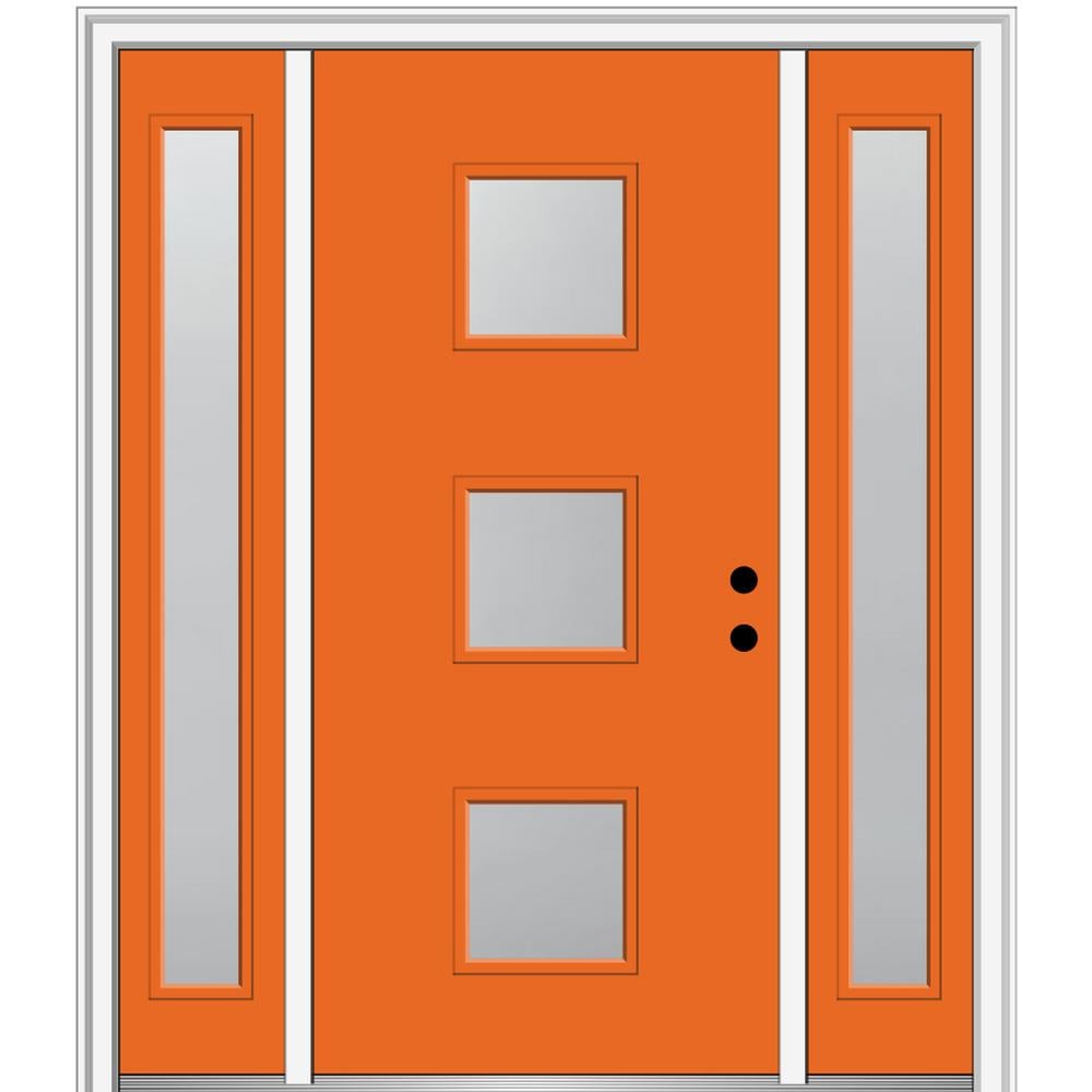 MMI DOOR ZZ350131L Spotlights 64-in x 80-in x 6-9/16-in Fiberglass Pulse lite Left-hand inswing Tangerine Painted Prehung Front Door with Sidelights with Brickmould Insulating core