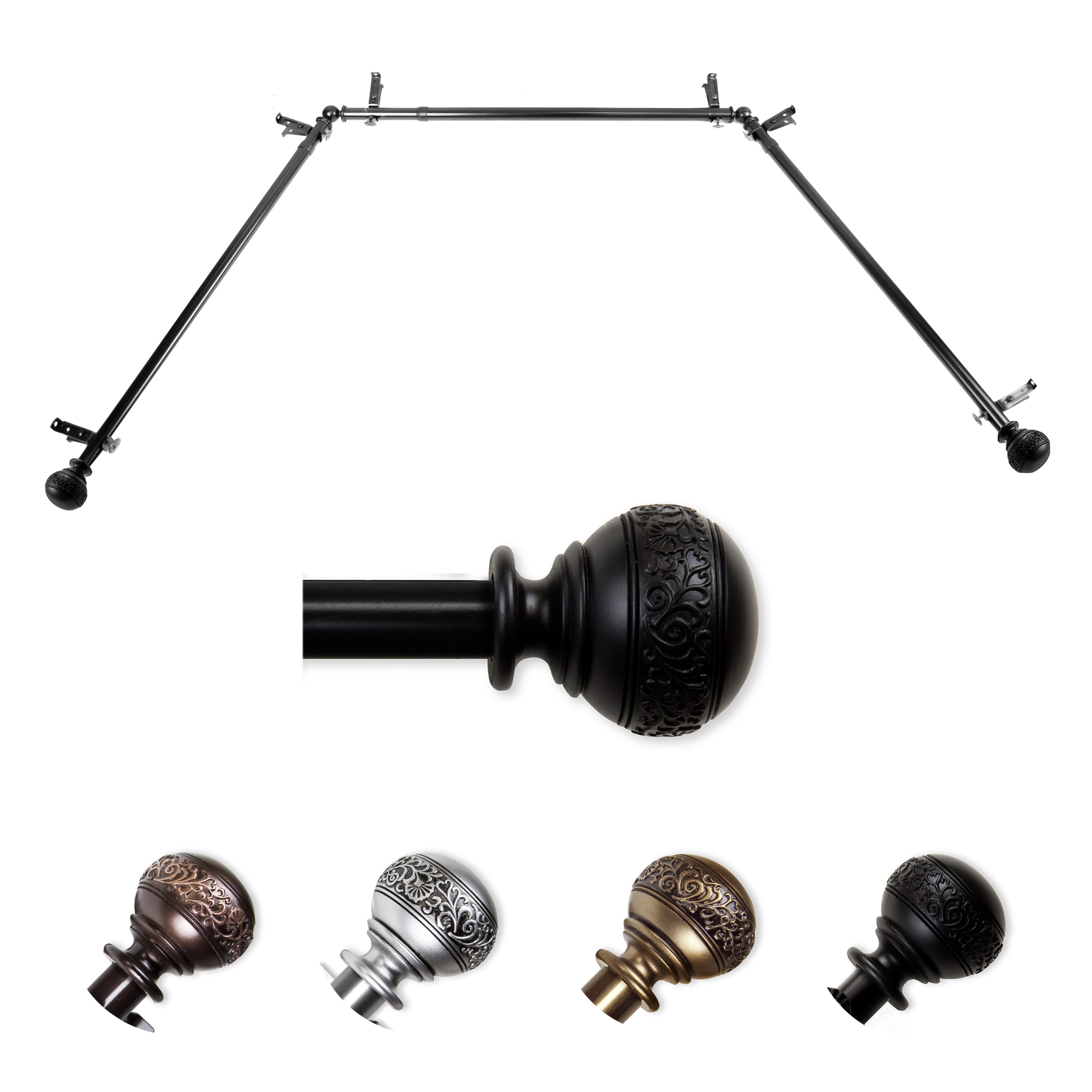 Hart & Harlow L-ABAY-87-2 Ruby 13/16-in Bay Black Steel Bay window curtain rod with Finials