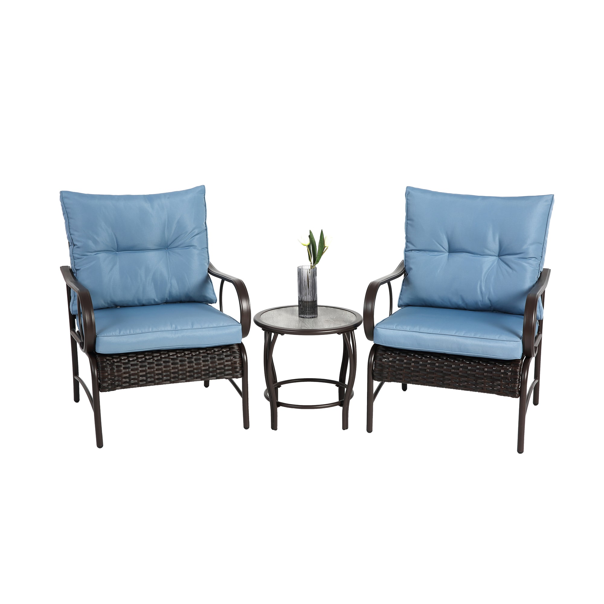 Bybafun YB0600065 3 -Piece Rattan Patio Conversation Set with Blue Cushions
