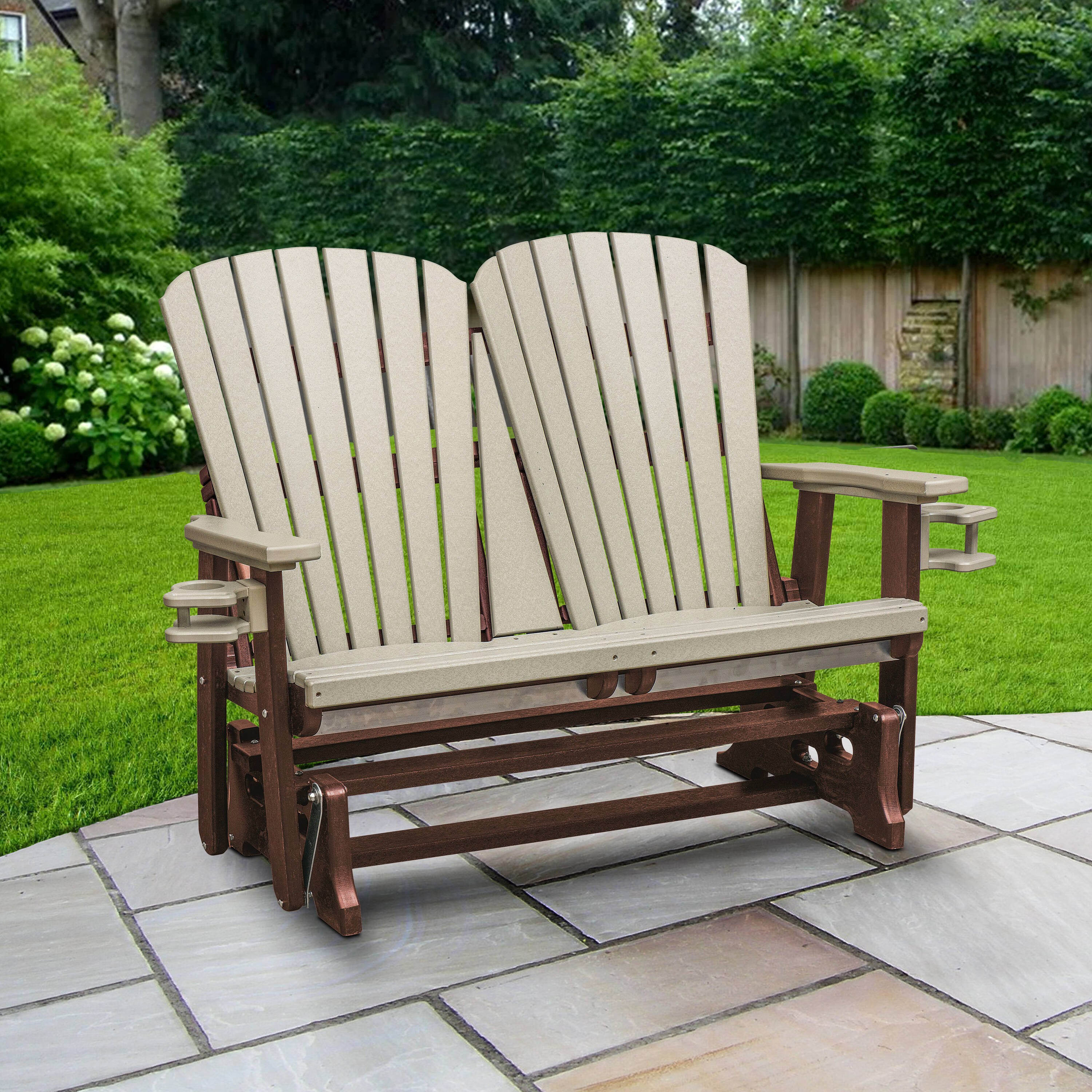 American Furniture Classics 420WWTB Adirondack 52-in W x 42-in H Weatherwood on a Tudor Brown Base HDPE Glider Bench