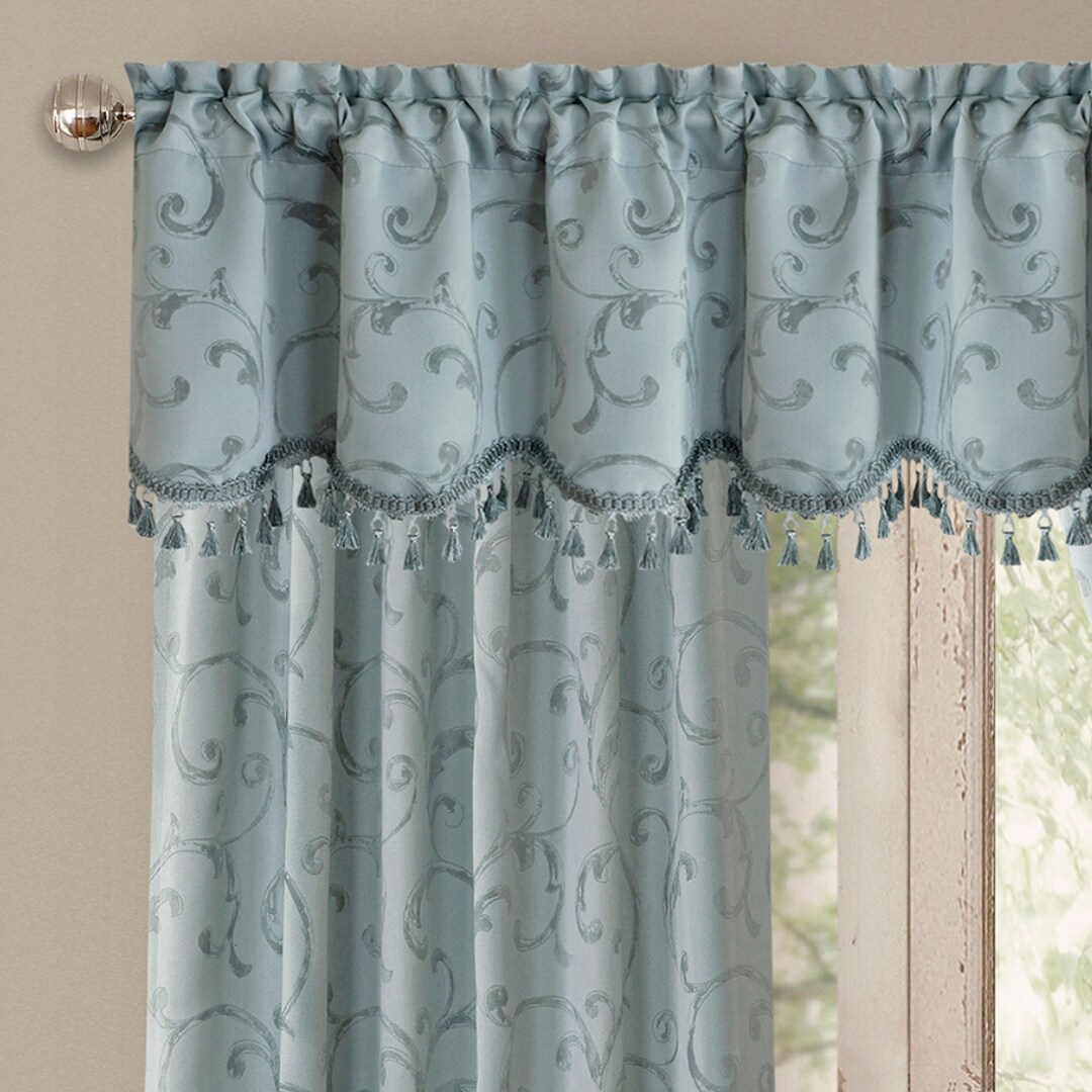 Blue Jacquard Scroll Tassel Trim Rod Pocket Valance