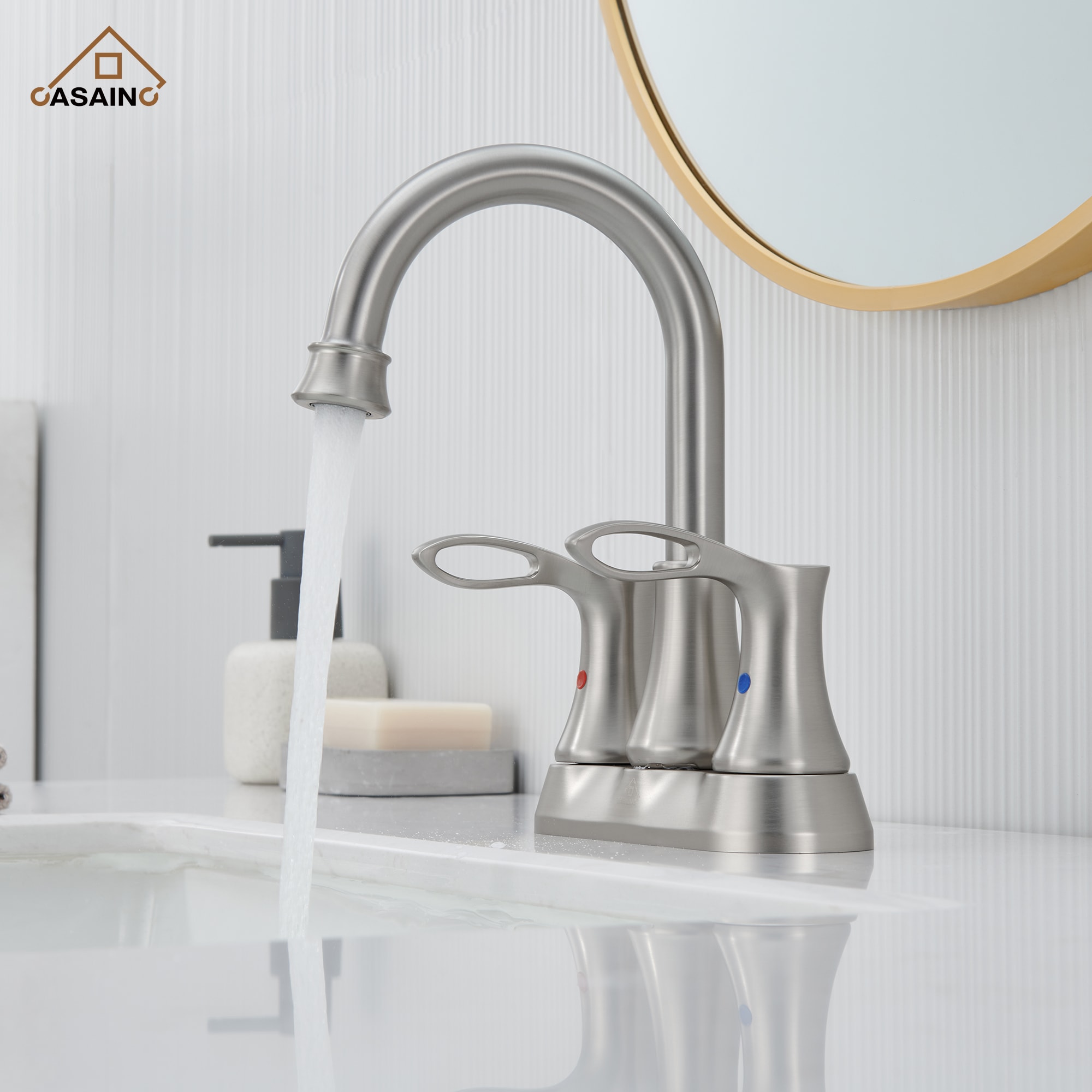 Brushed Nickel Dual Handle High Arc Bathroom Faucet with Metal Drain