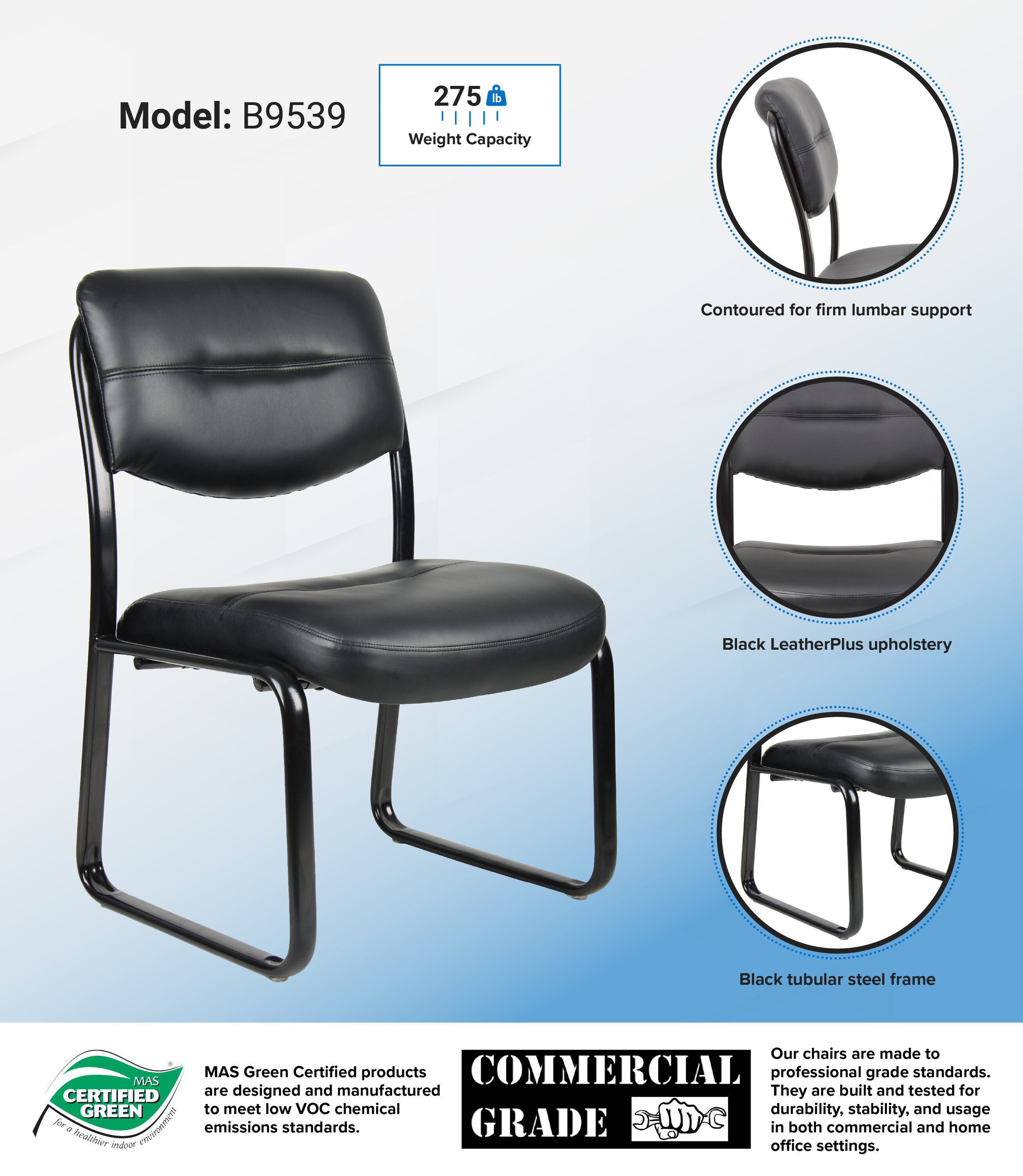 Elegant Black LeatherPlus Armless Guest Chair with Metal Sled Base