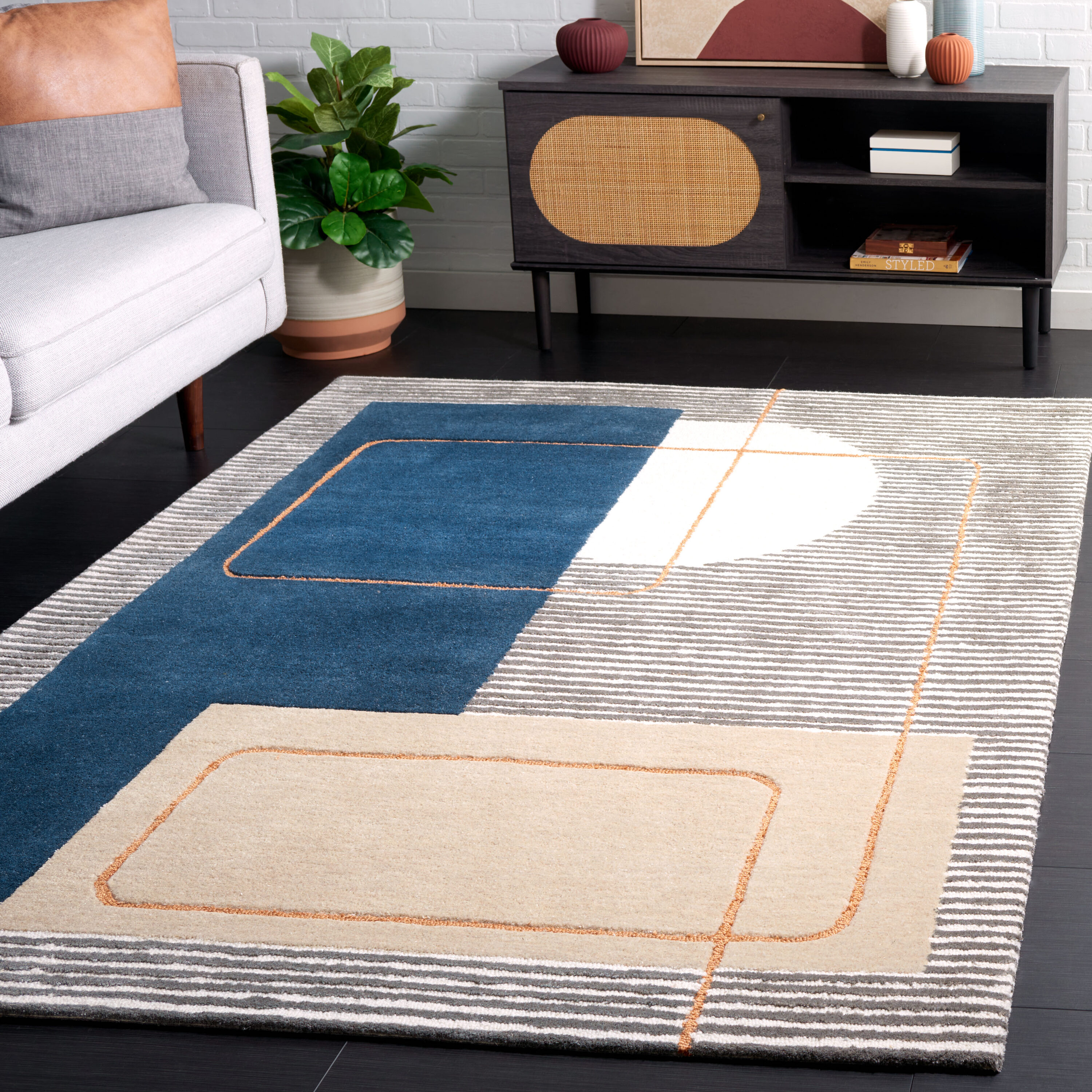  Ebony 254 Beige/Blue Contemporary 5ft x 8ft Medium Rectangle Rug