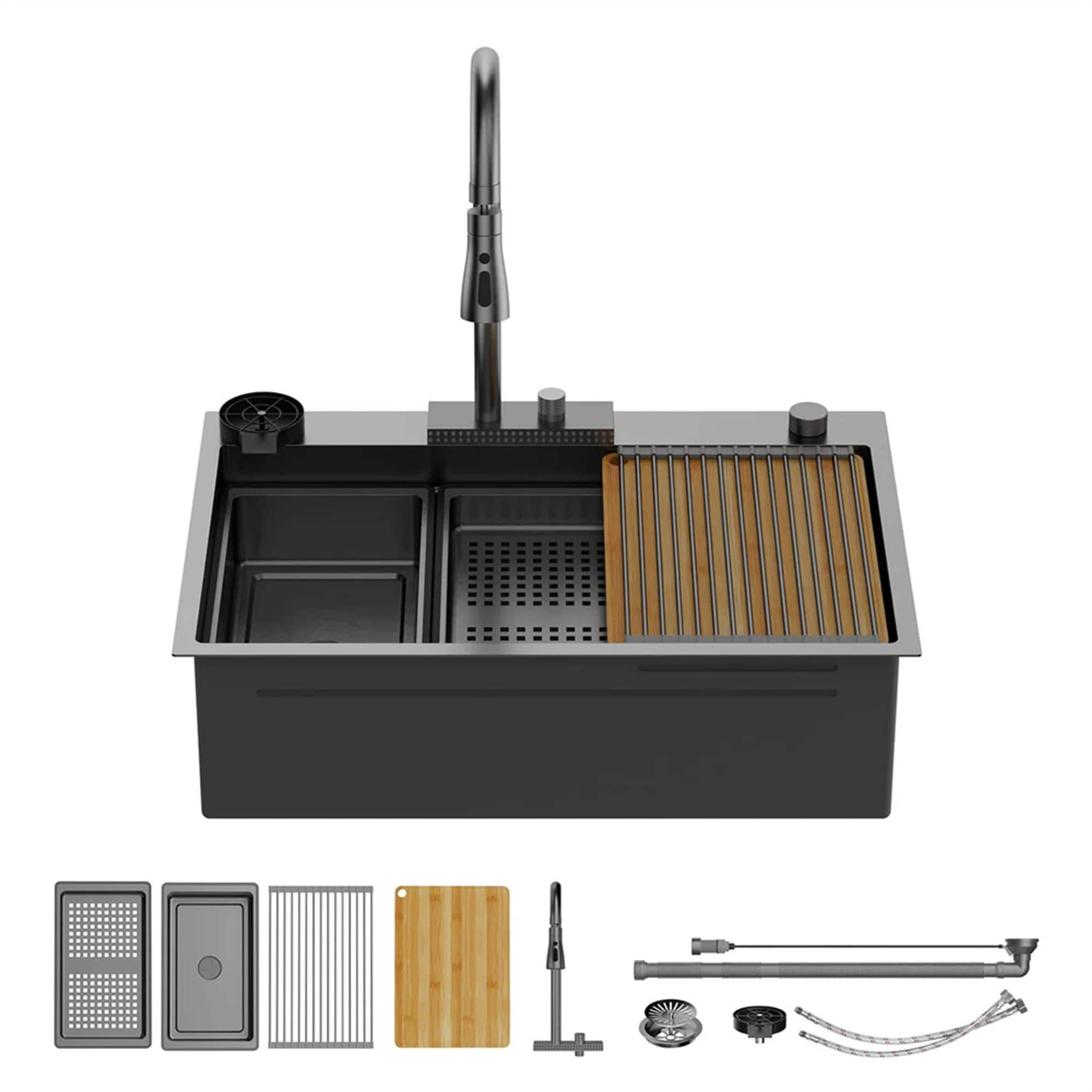 Winado  33 x 22 inch Drop-in Waterfall Kitchen Sink with Left Drain Black
