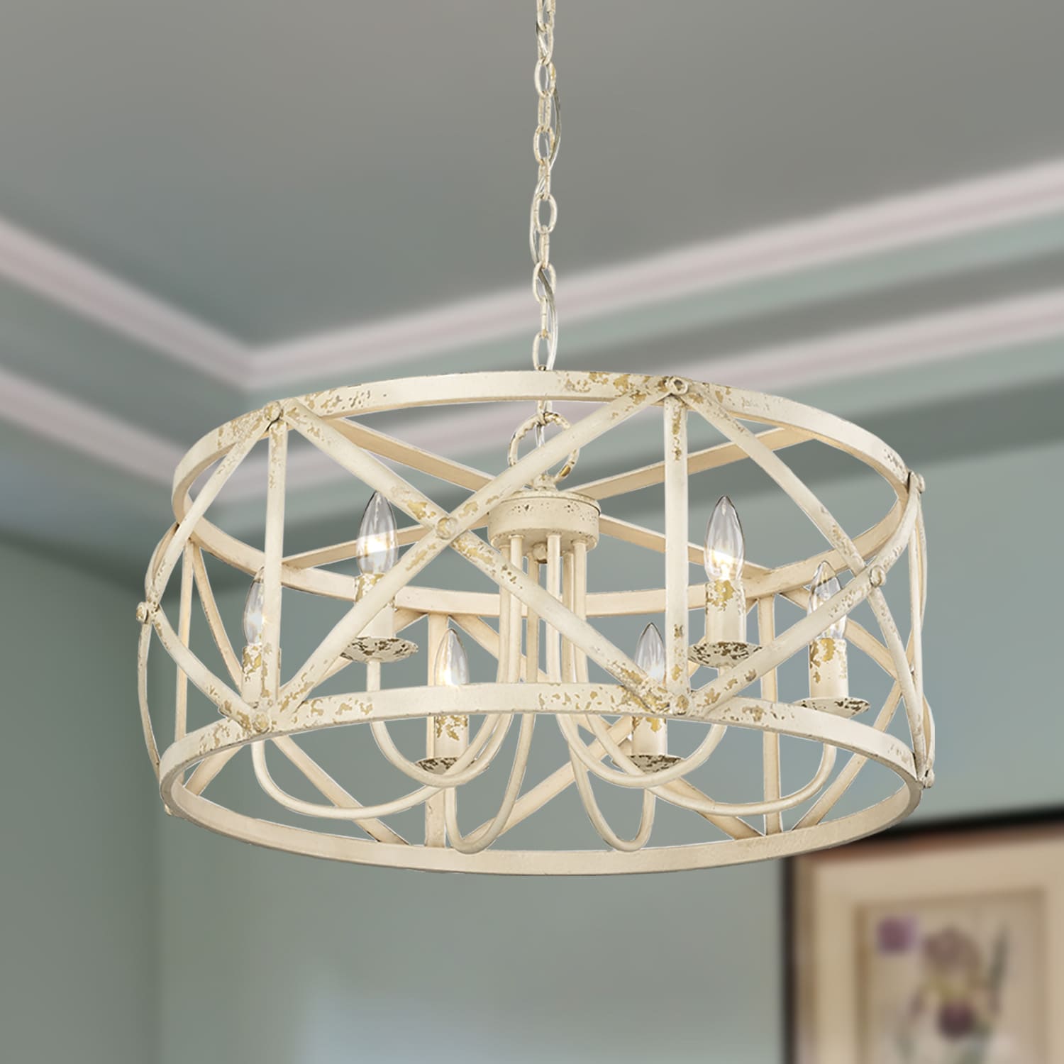 Antique Ivory Drum 6-Light Steel Chandelier