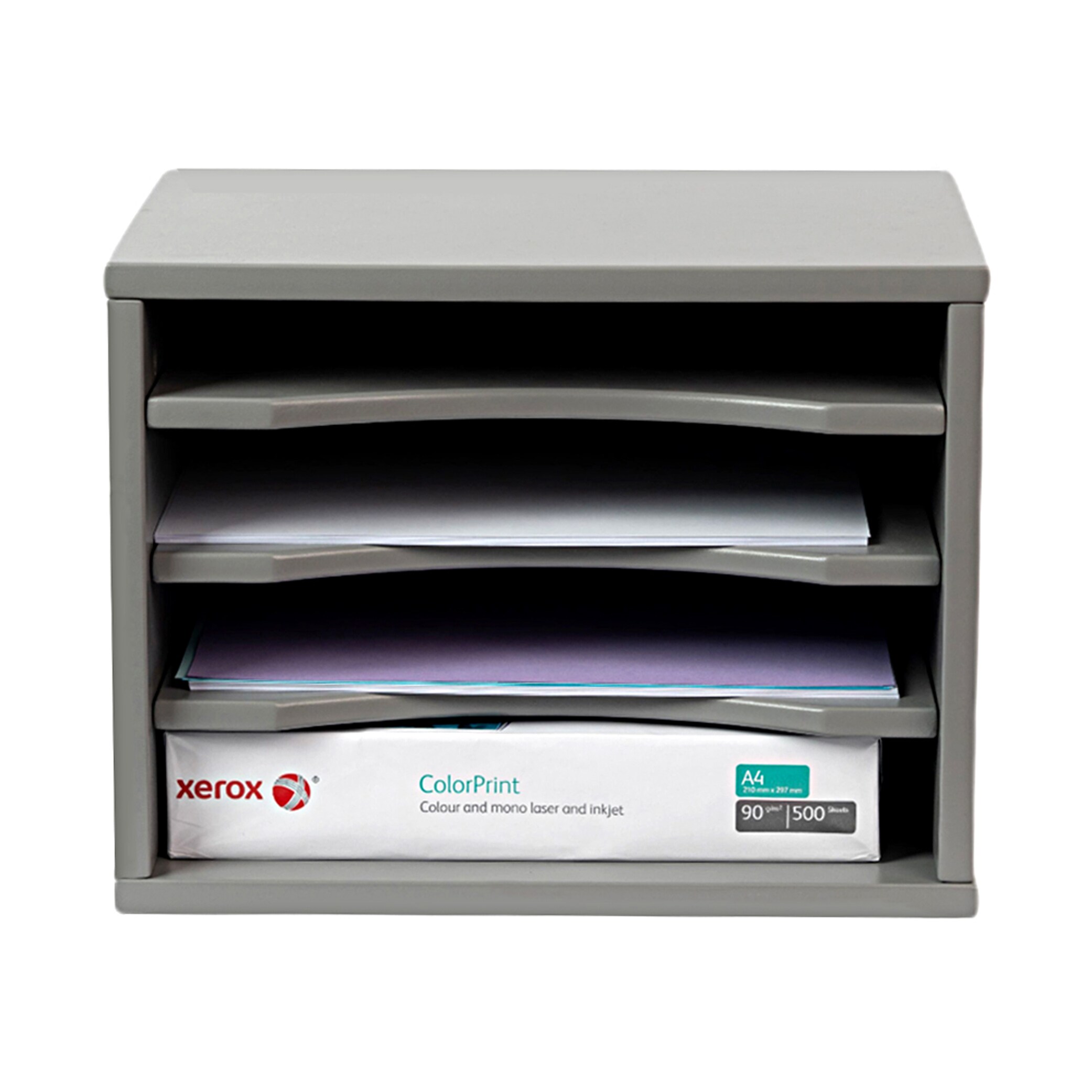 POW 540552-48 Gray MDF Desk Converter with 4 Open Storage Shelves - Adjustable and Sturdy - Ideal for Monitors, Laptops, and Office Supplies