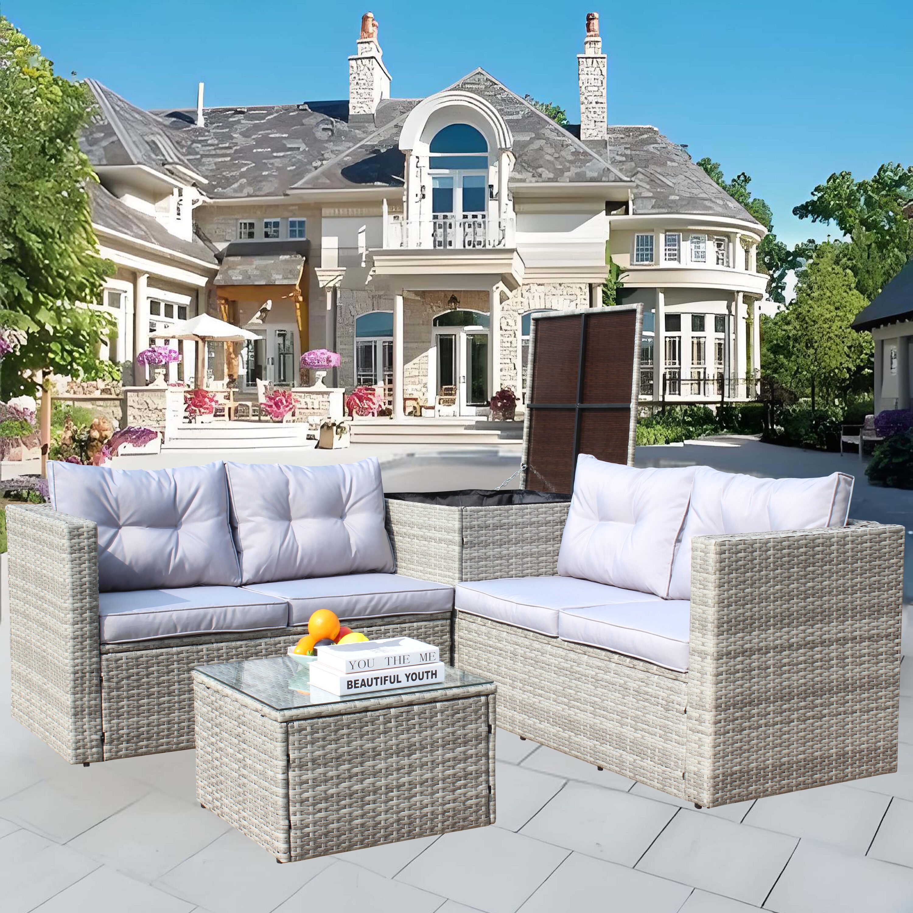 Forclover CRF-S00014 Patio Conversation Sets 4 -Piece Rattan Patio Conversation Set with Gray Cushions