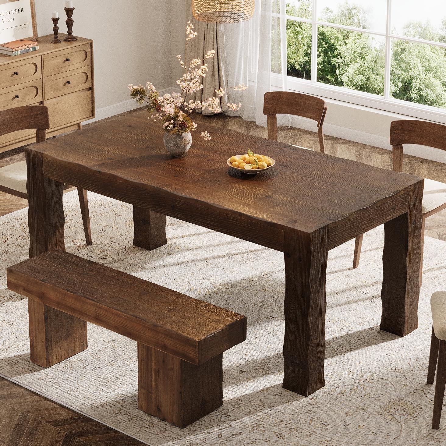 LITTLE TREE Dark Walnut 63-Inch Solid Wood Dining Table for 6 Farmhouse Kitchen Table with Heavy Duty Legs Rectangular Wood Dinner Table for Dining Room Living Room Only Table