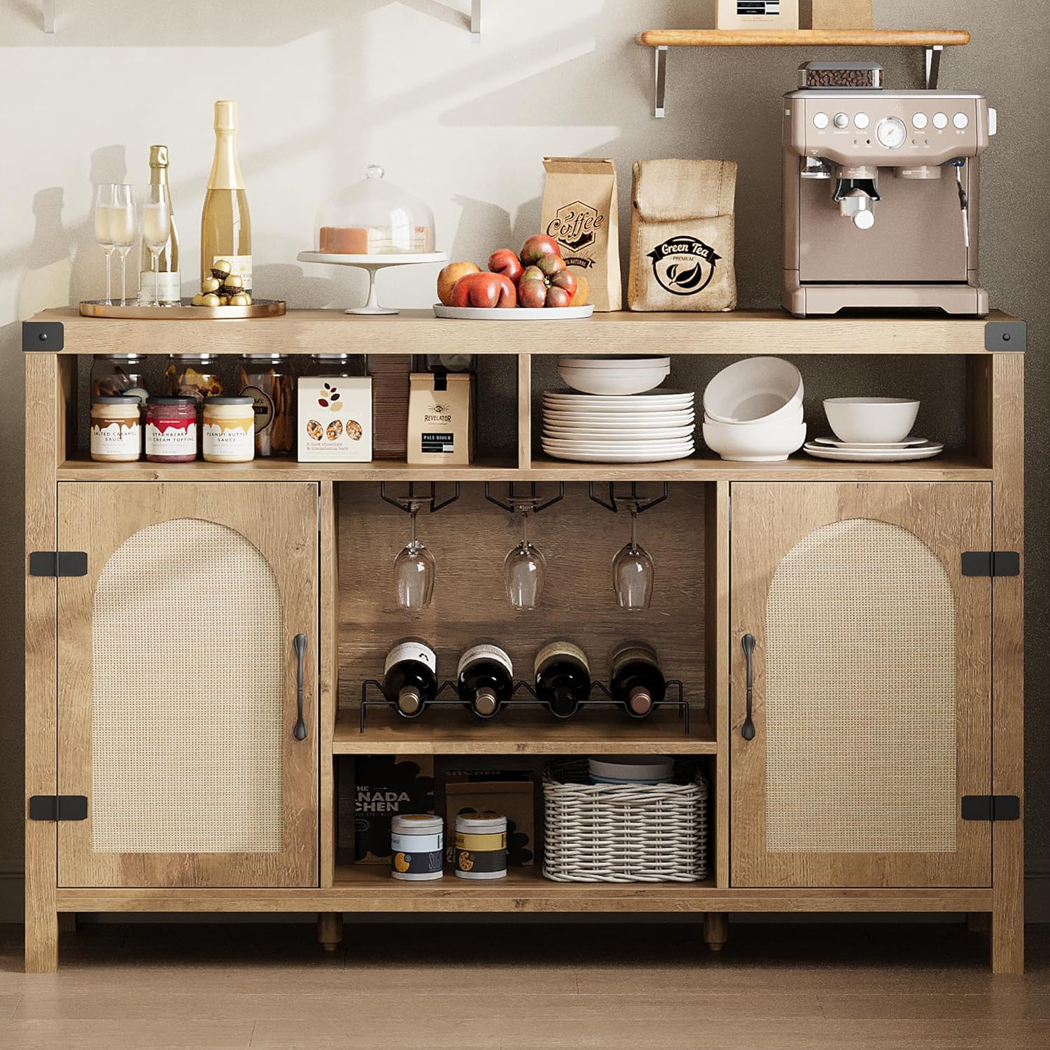 Qeetex YJCJ-PHO-33T5YNCX 52.1 inch Rattan Buffet Cabinet with Storage  Boho Farmhouse Sideboard with Adjustable Shelves  Drawer  Doors  Kitchen Coffee Bar Cabinet  Natural Oak