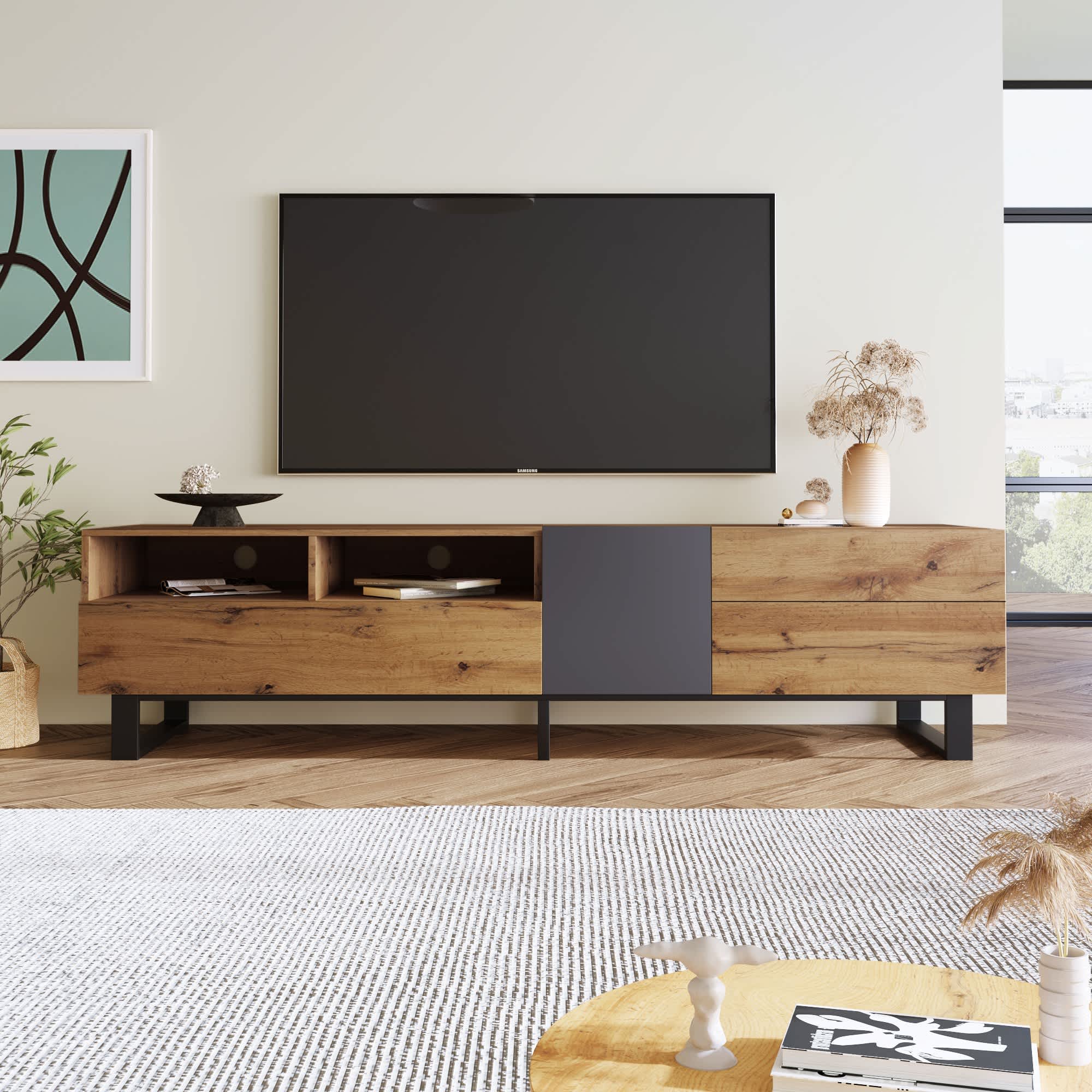 Vynxaria LESX1392-DJTV-ST029 Modern 80 Inch TV Stand with Double Storage and Drop Down Doors   Stylish Media Console for Living Room and Home Theatre