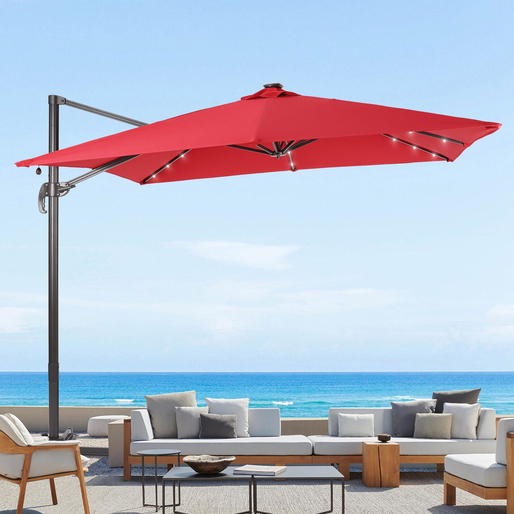 Sonkuki SD-MN99RD-LED 9-ft Aluminum Red No-tilt Cantilever Patio Umbrella with Lights