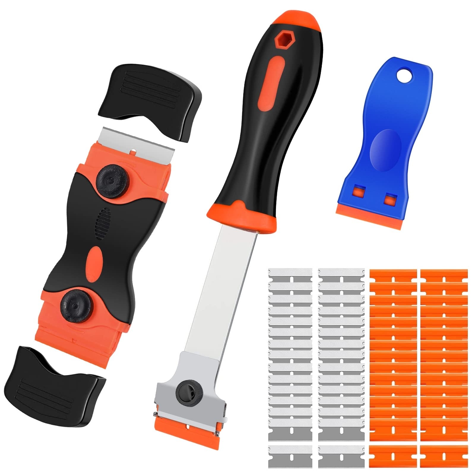 Phyfalip  Razor Blade Scraper Tool 3 Pack with 50 Plastic Blades and 30 Metal Blades for Removing Stickers Labels Decals Adhesive from Glass Car