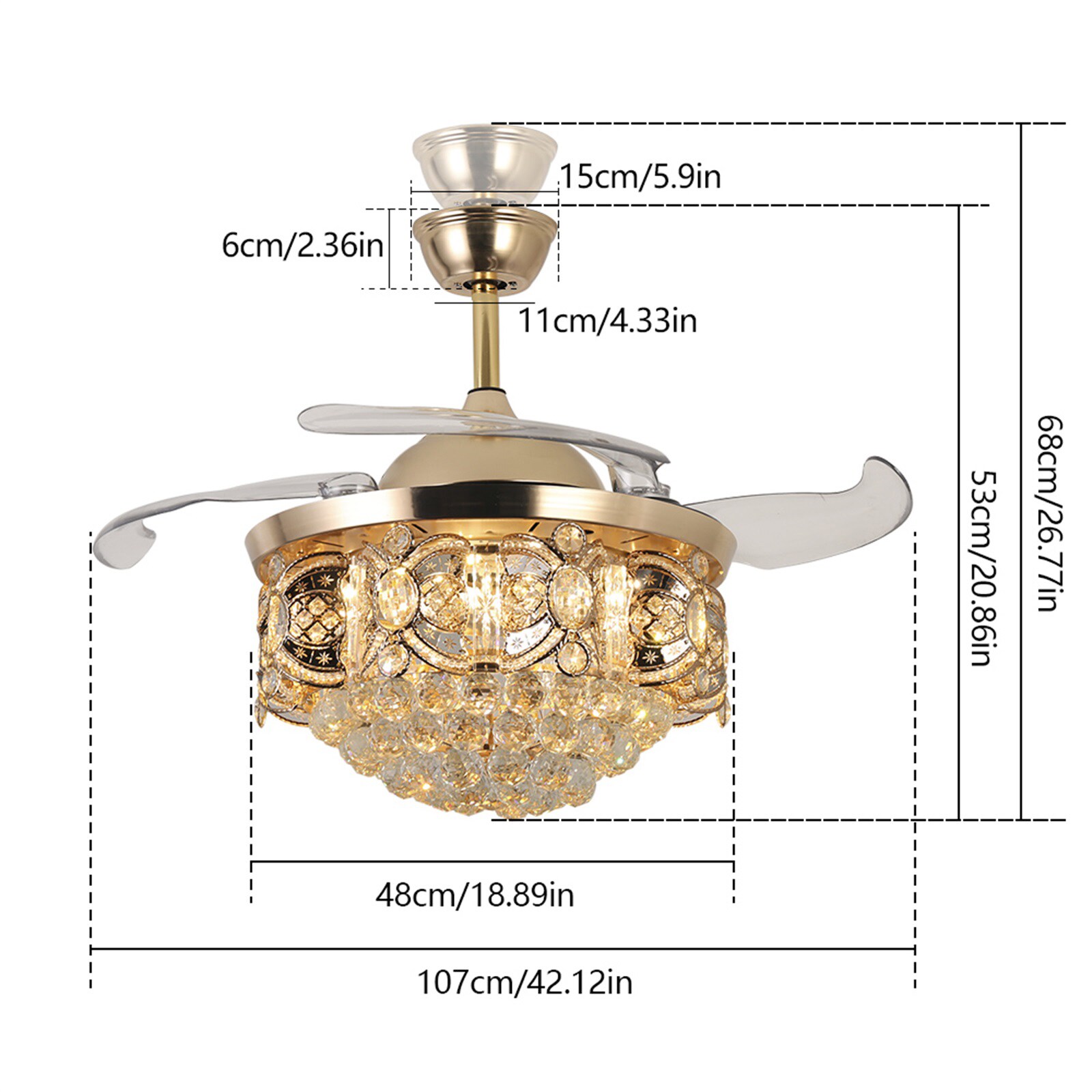 Gold Crystal 42'' Retractable Blade Ceiling Fan with Remote