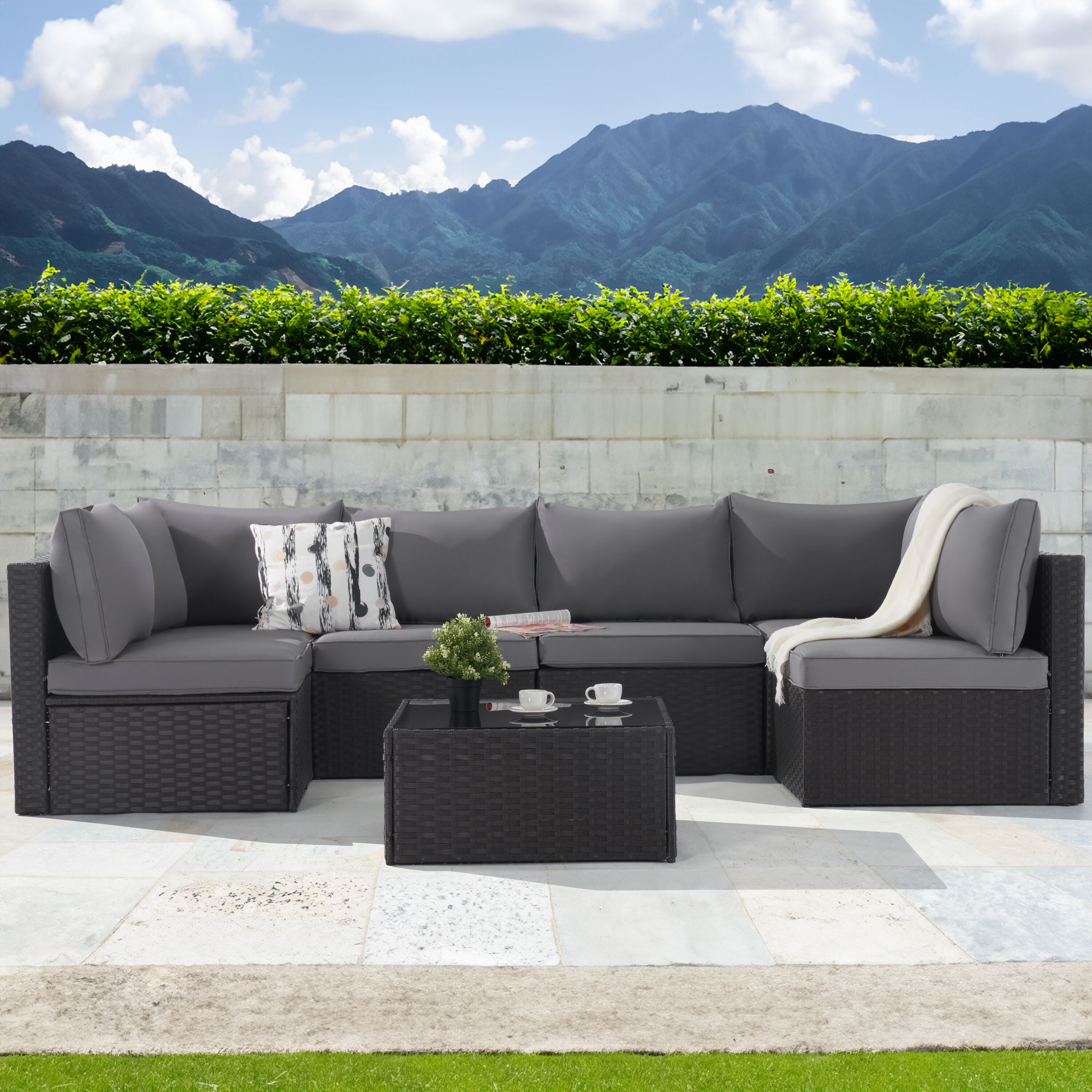 SANSTAR L-WS704-LY-V1 Patio Conversation Set 7 -Piece Wicker Patio Conversation Set with Gray Cushions