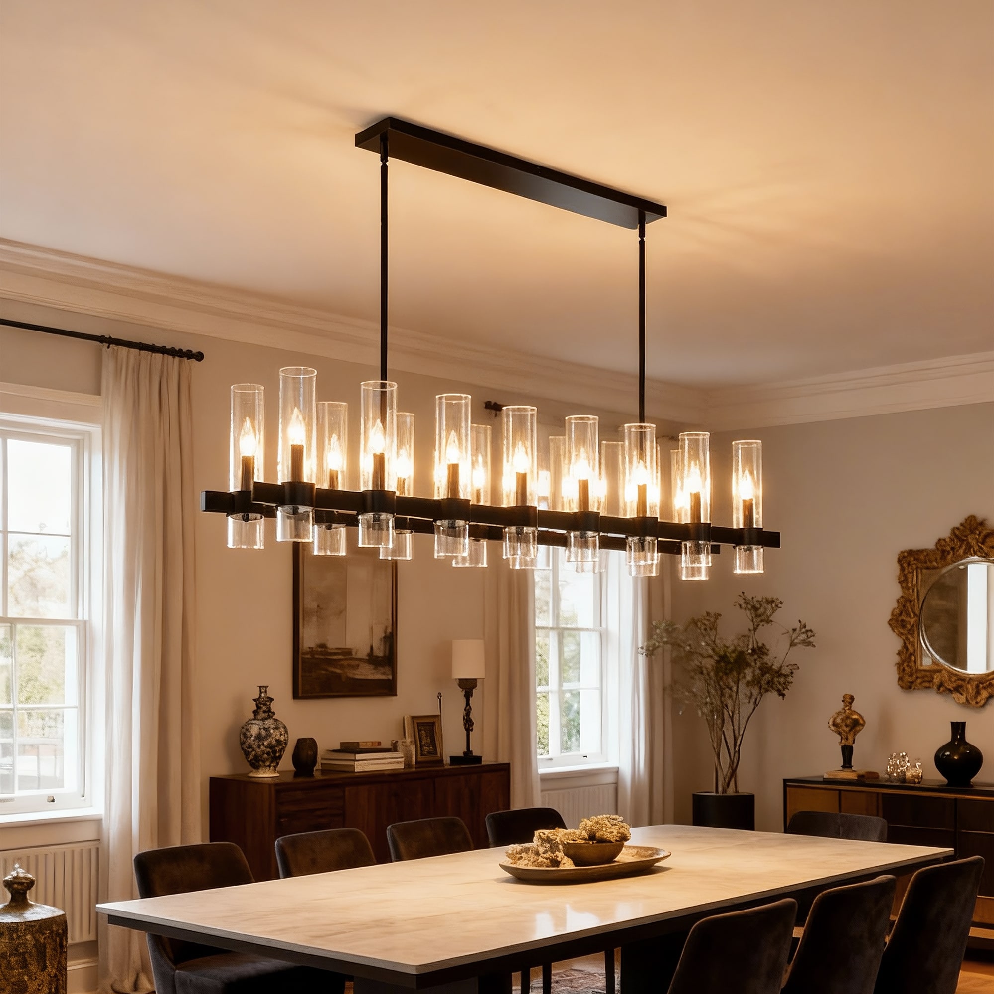 Zitrend 63-in Matte Black Linear Chandelier 16-Light Clear Glass Modern Fixture for Dining Room Kitchen Island Living Room and Foyer