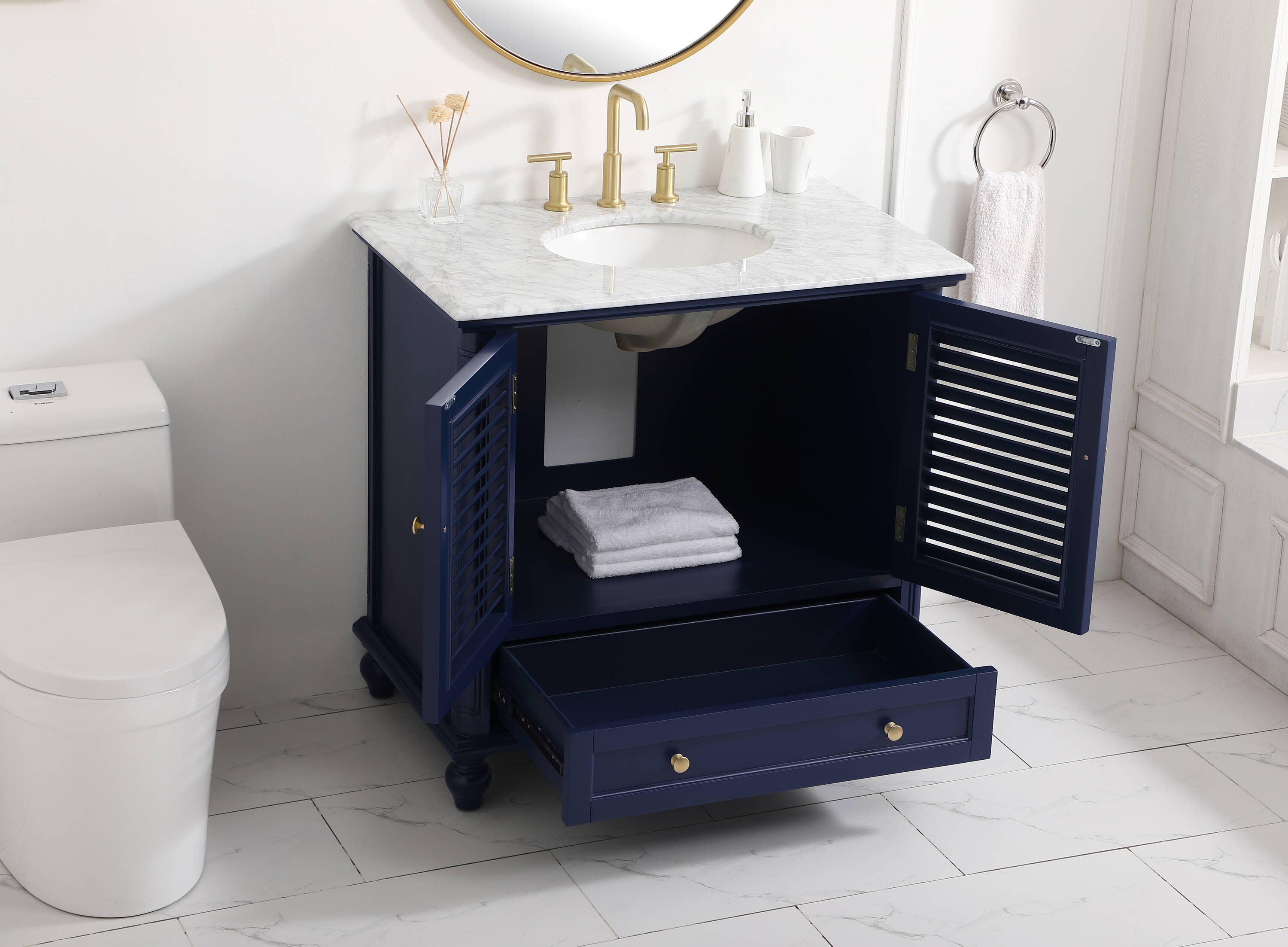Rhodes 36" Blue Solid Wood Single Bathroom Vanity with Marble Top
