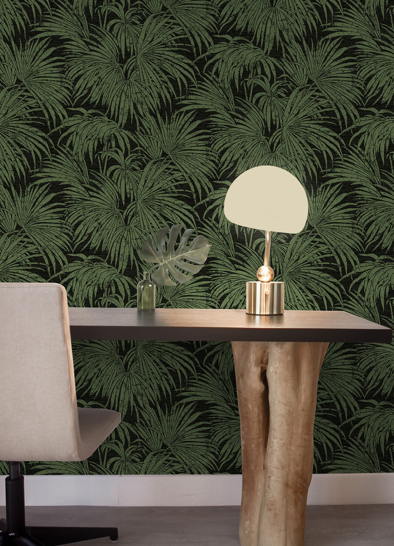 Green and Beige Vinyl Palm Leaf Peel and Stick Wallpaper