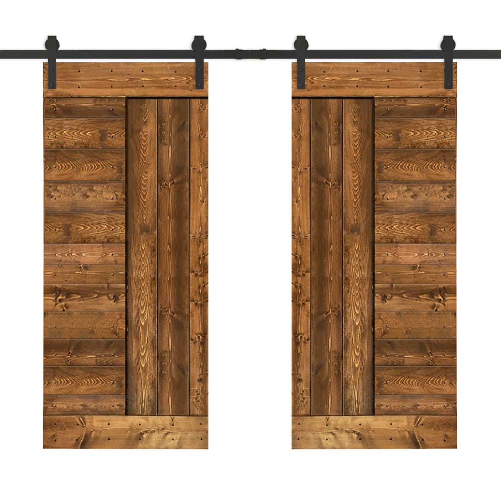 CALHOME MK-72(2+N2-30BT(2+CN 60-in x 84-in Walnut Pine Wood Solid core Double Barn Door (Hardware Included)