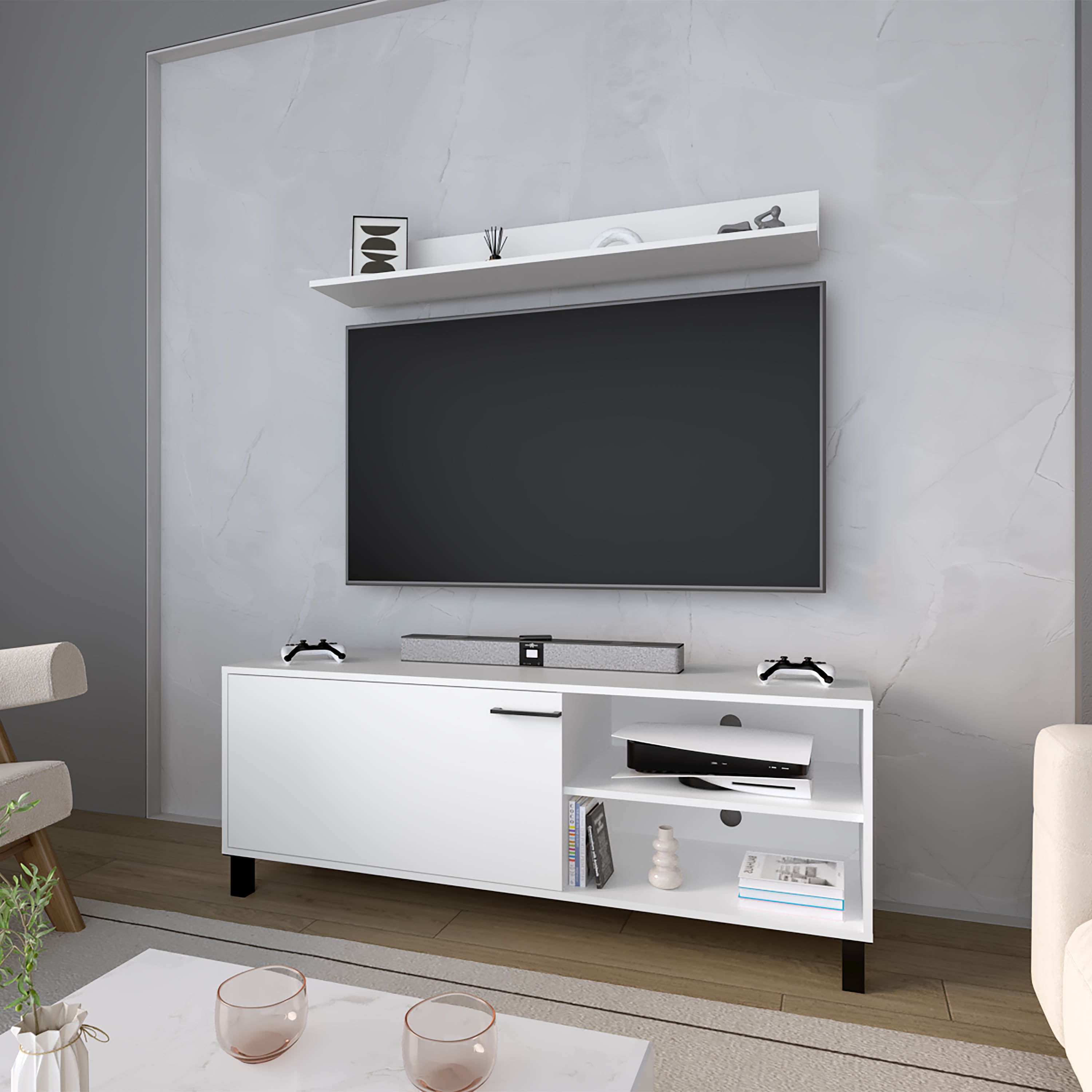 Tatayosi XH-2P323170 White Adjustable Height TV Stand with Open Storage and Door for Small Spaces