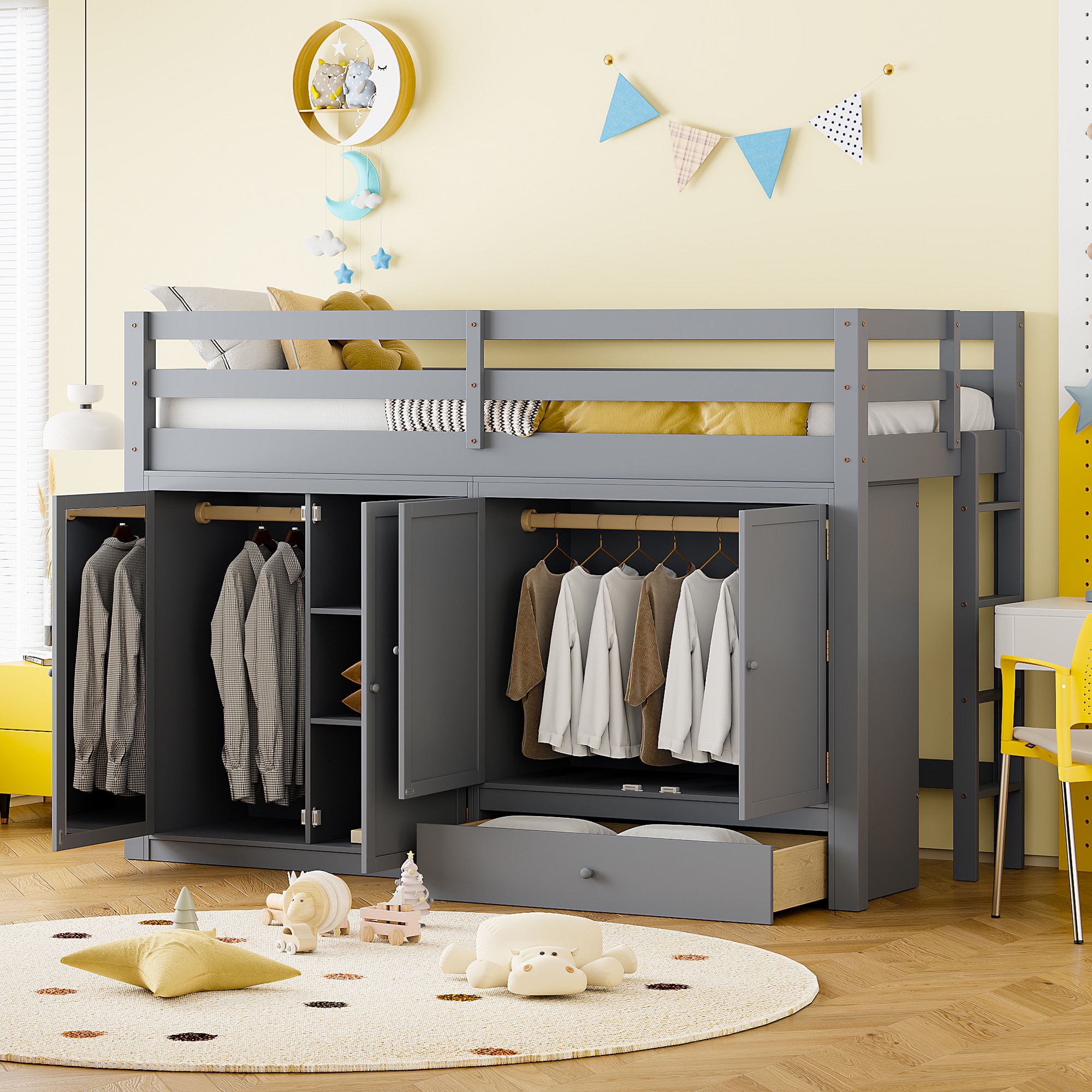 Nestfair LB0812E Gray Twin Wood Bed frame Bed with Storage