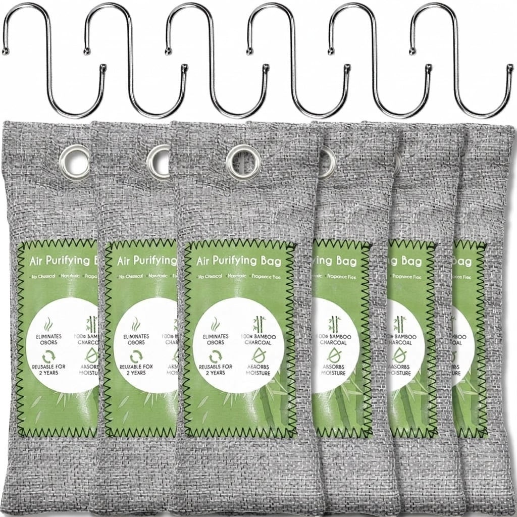 Misopily  6 Pack Bamboo Charcoal Air Purifying Bag Activated Charcoal Odor Absorber Moisture Absorber Natural Air Freshener for Home Car Closet