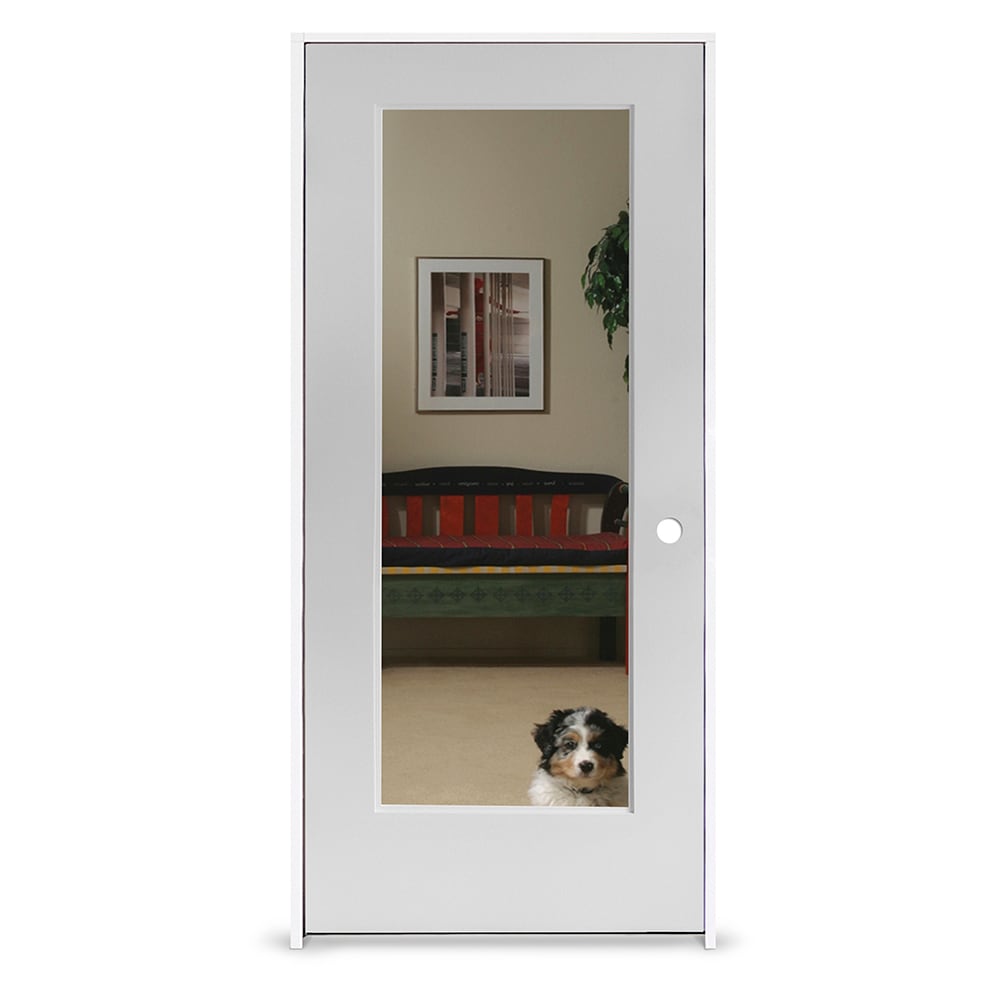 RELIABILT 18-in x 80-in Primed Solid Core 2-panel Mirrored glass Left Hand MDF Single Prehung Interior Door