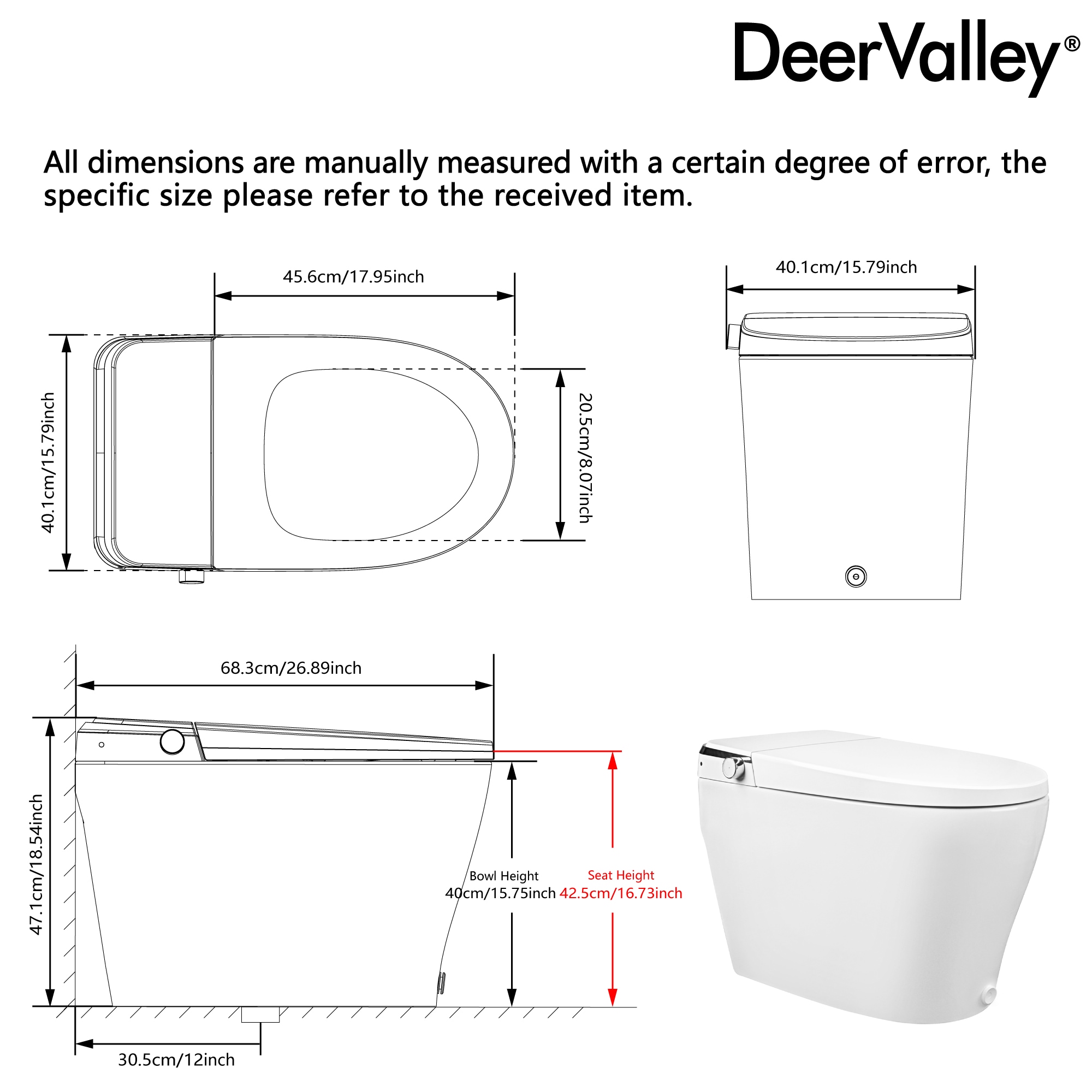 Elongated White Smart Toilet with Heated Seat and Warm Wash