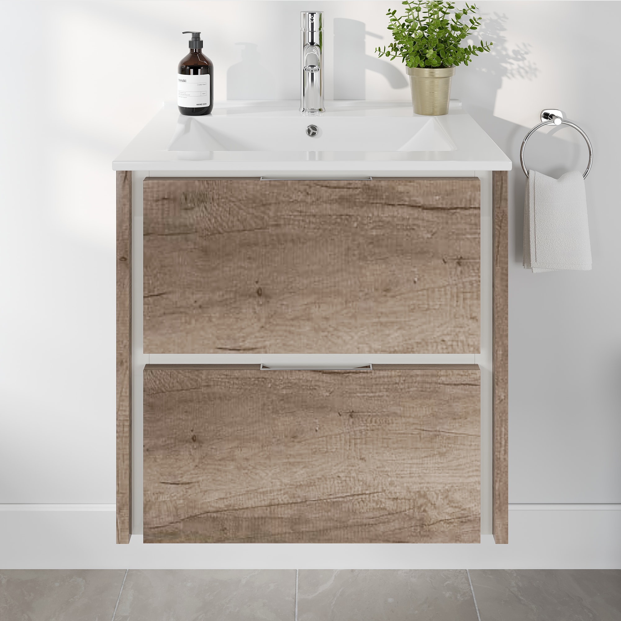 Eviva EVVN564-24GOK Luna 24-in Gray Oak Single Sink Floating Bathroom Vanity with White Porcelain Top