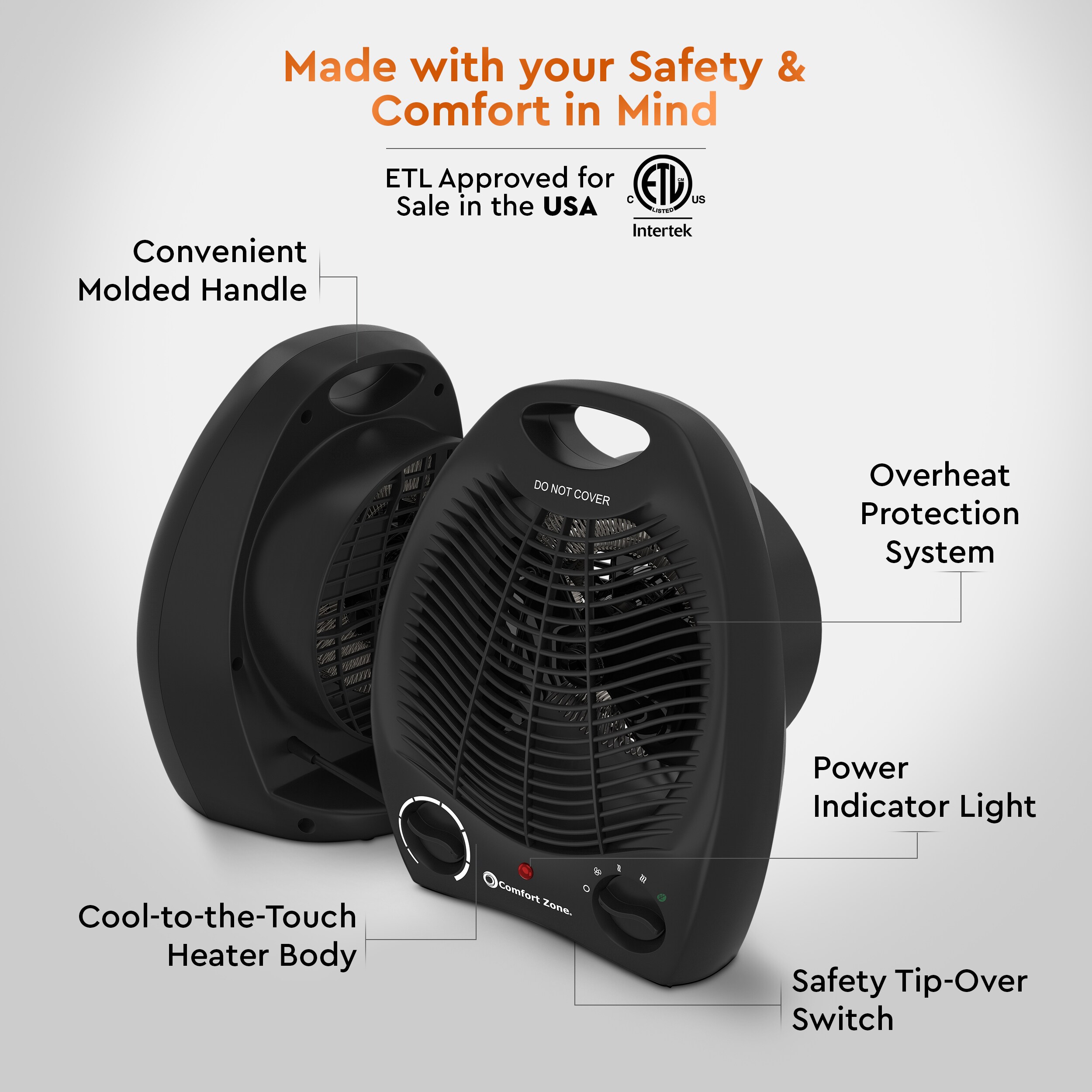 Comfort Zone Up To 1500-Watt Fan Compact Personal Indoor Electric Space ...