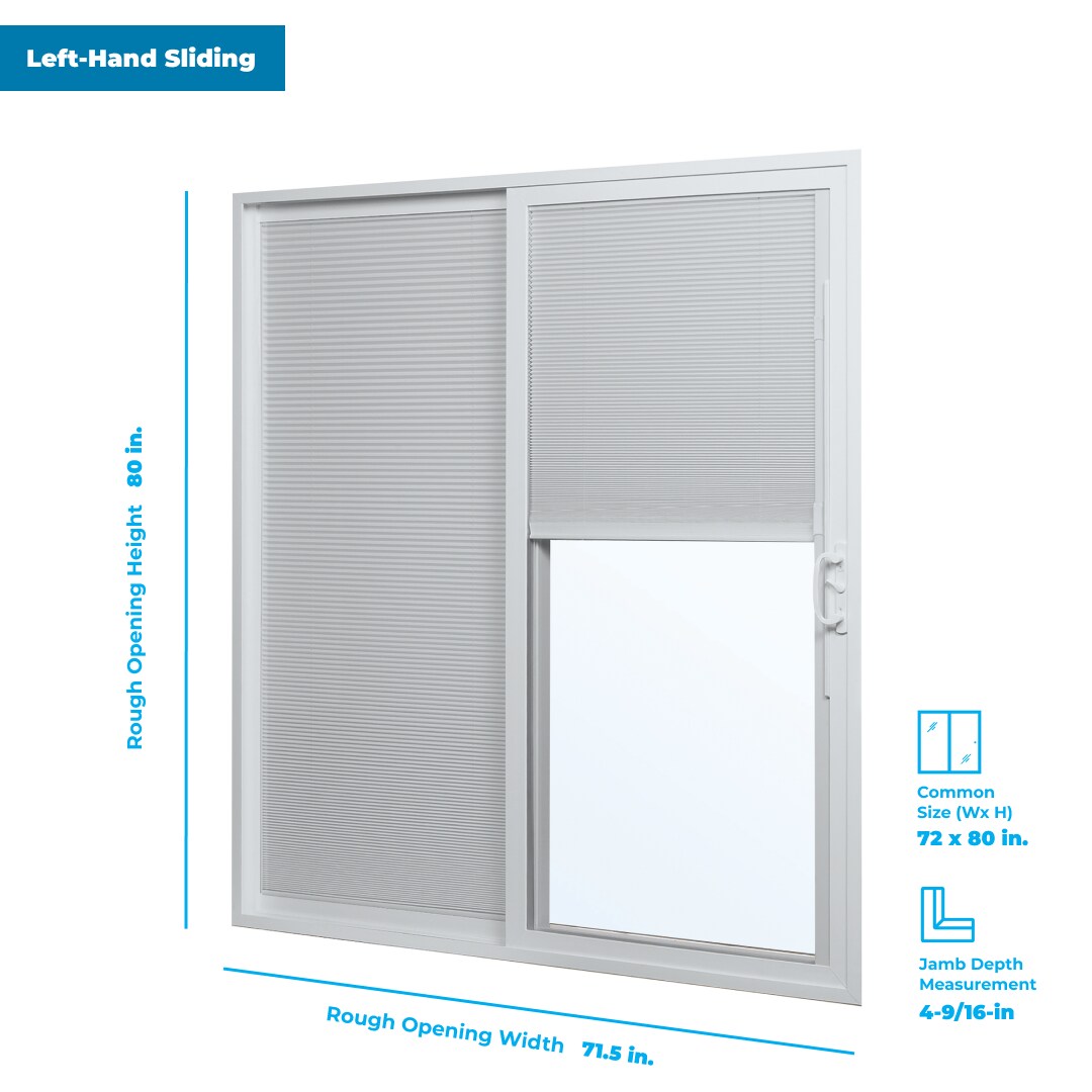 RELIABILT 72-in x 80-in 4-9/16-in Low-e Argon Blinds Between The Glass White Vinyl Sliding Left-Hand Sliding Double Patio Door
