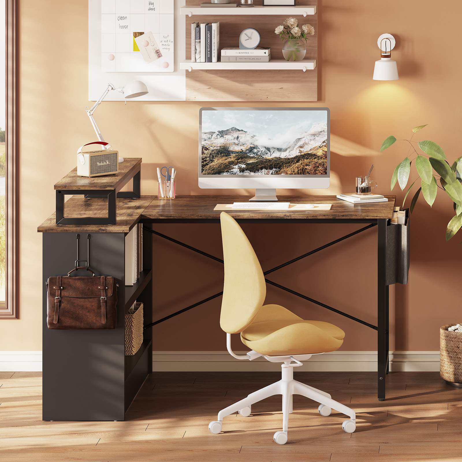 Bestier LOW-H101710P-RST 42-in W 2-Shelf Brown Computer Desk with with Monitor Stand and Storage Bag