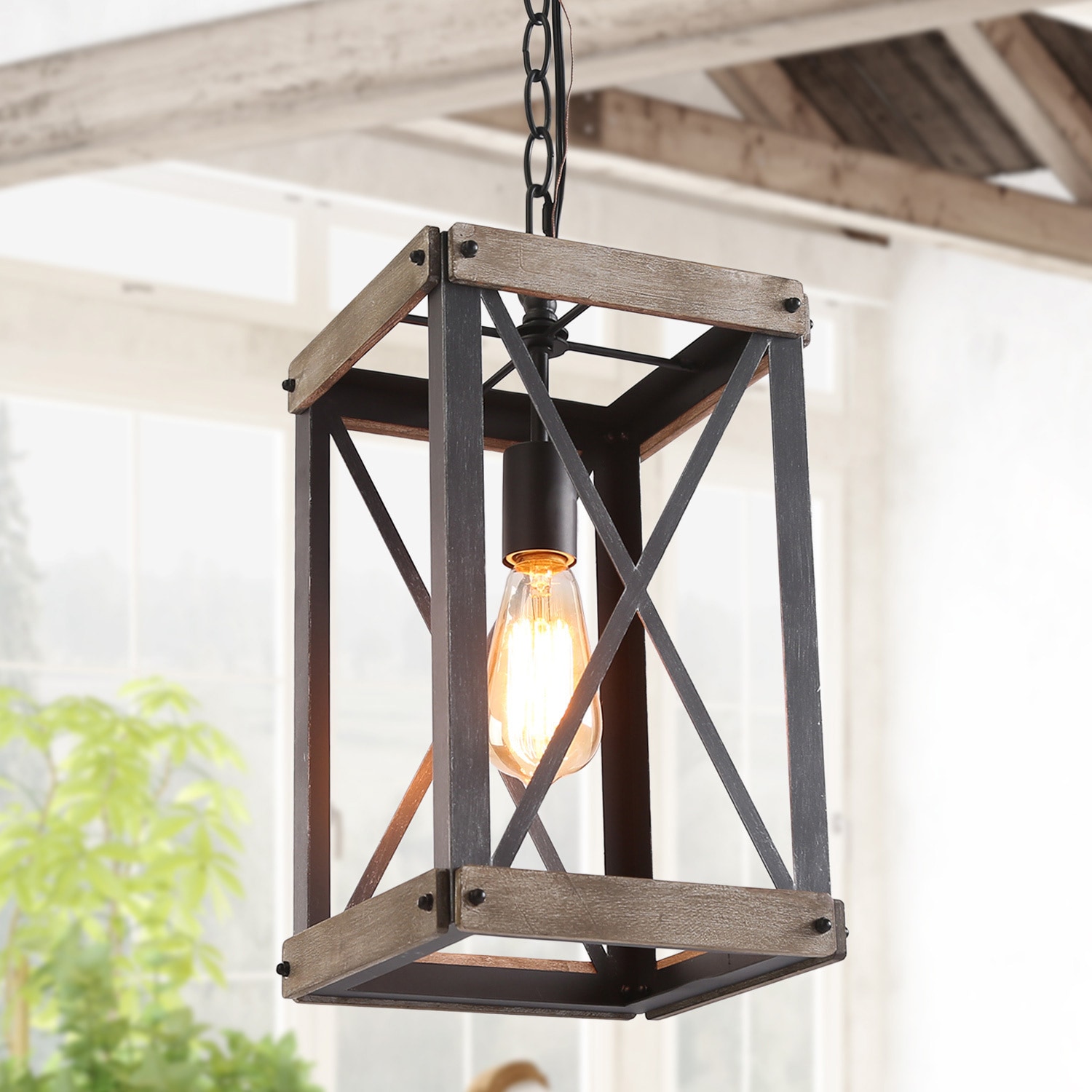 LNC Laius 1-light Solid Pine Wood and Matte Black Farmhouse Lantern LED ...