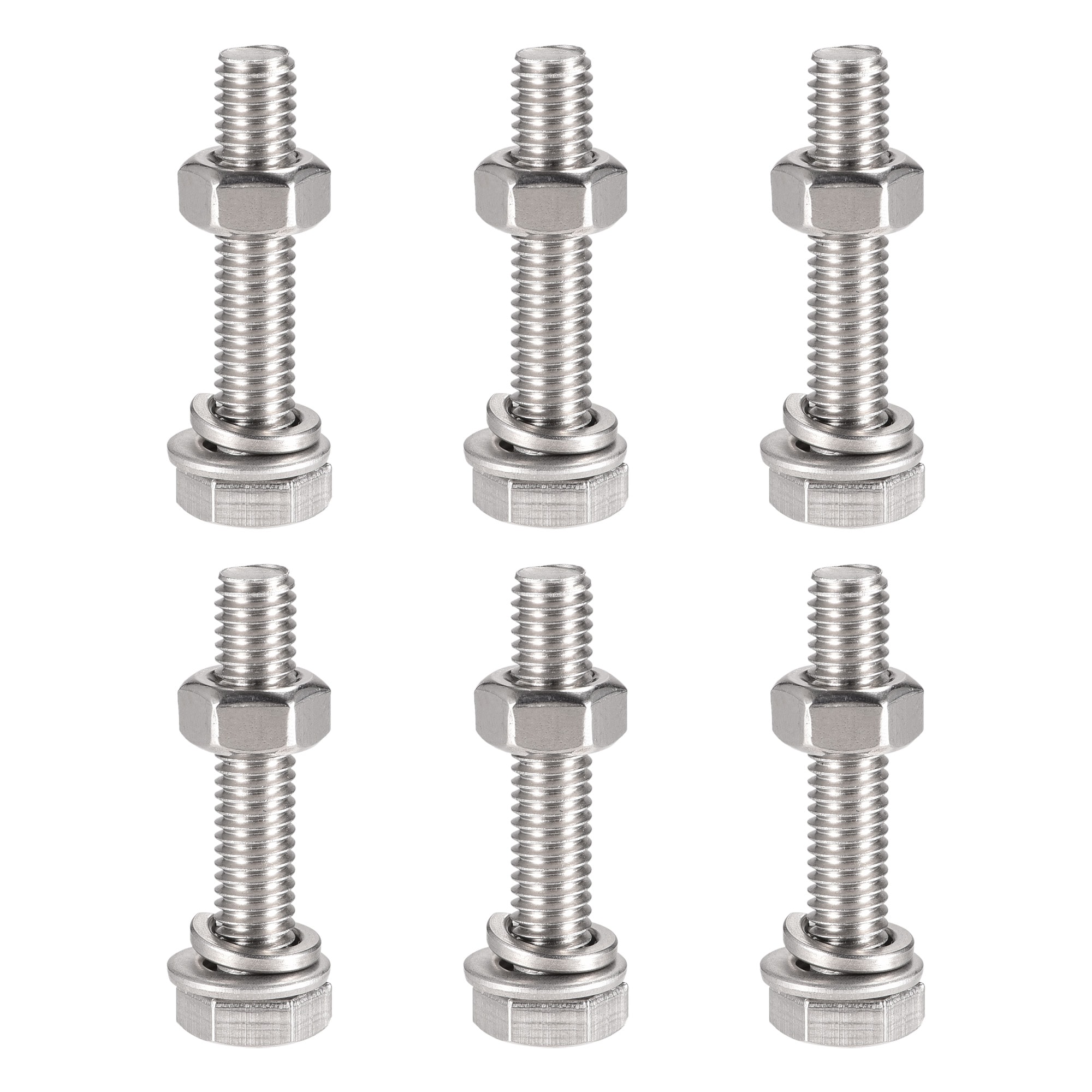 Unique Bargains M6 x 30mm Hex Head Screws Bolts Nuts Flat and Lock Washers Kits 304 Stainless Steel Fully Thread Hexagon Bolts 6 Sets