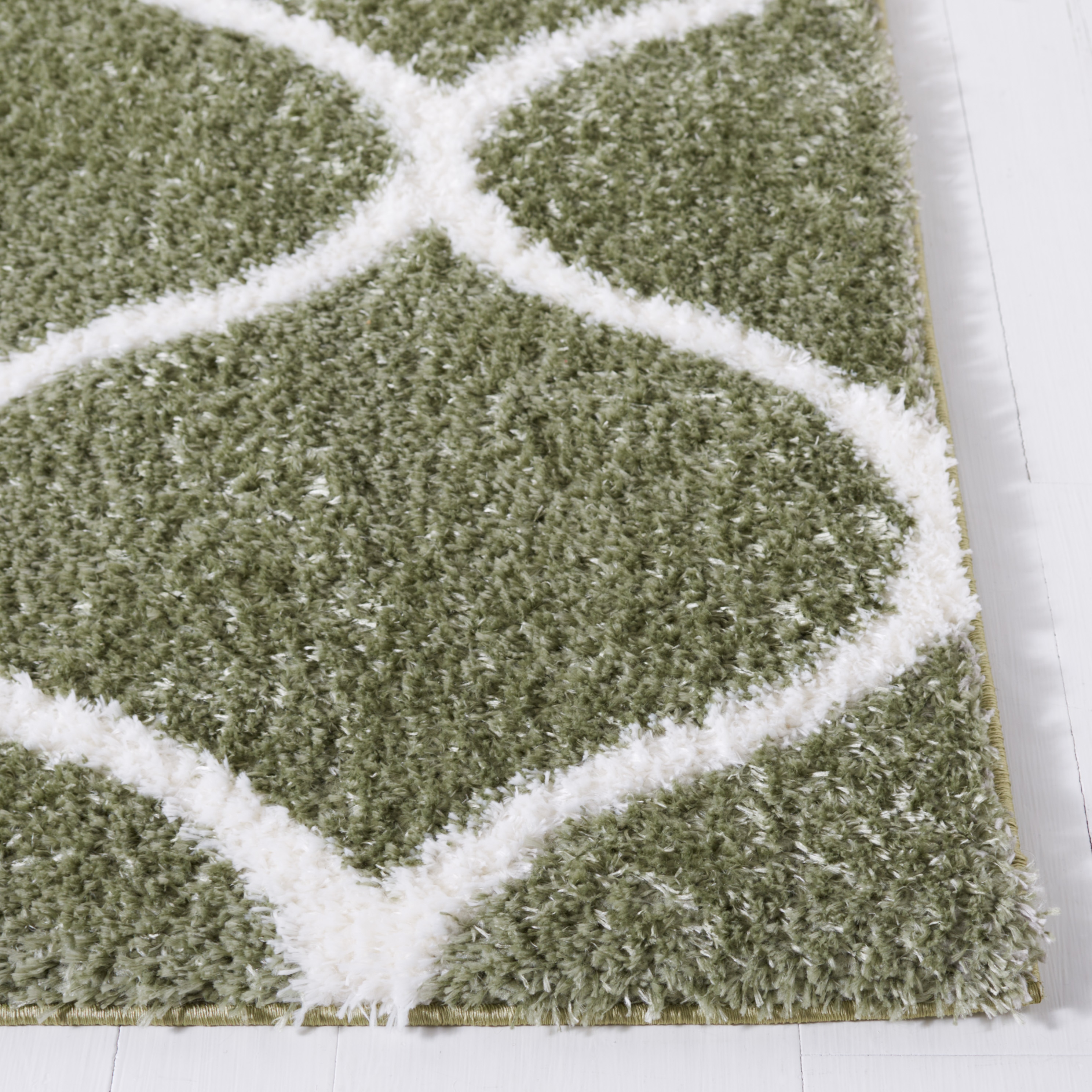 Sage and White Geometric Shag Runner Rug 2' x 9'