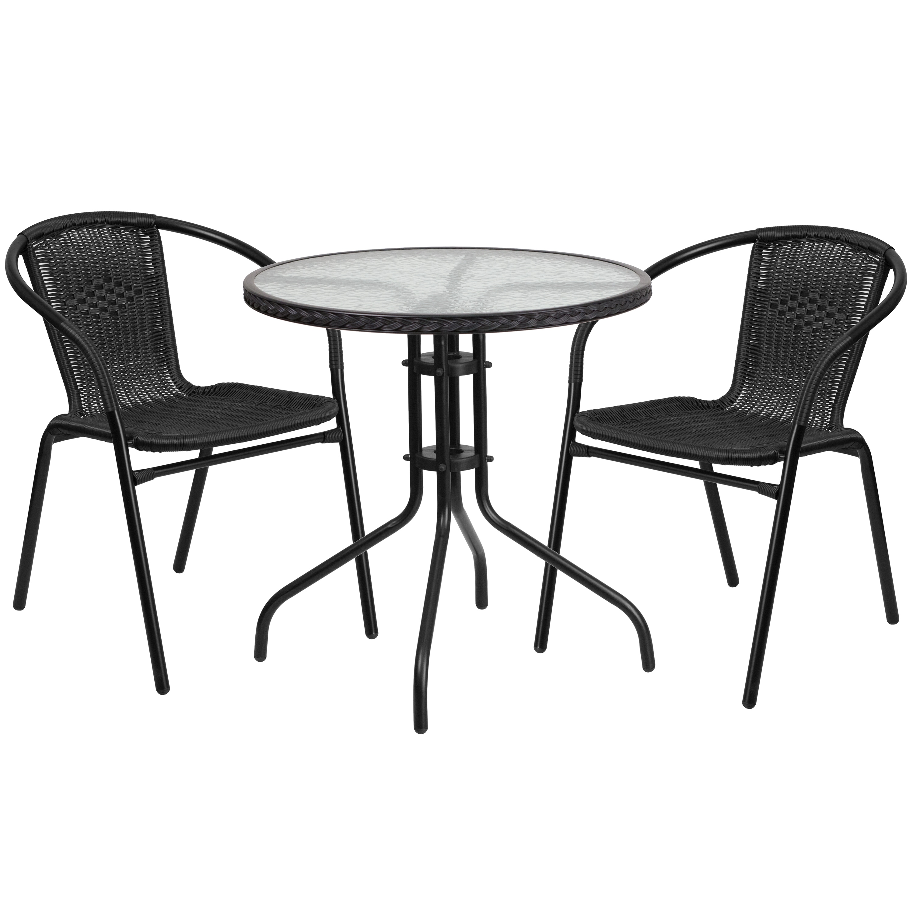 Flash Furniture 889142061601 Lila 28-in Round Glass Metal Table with Black Rattan Edging and 2 Black Rattan Stack Chairs