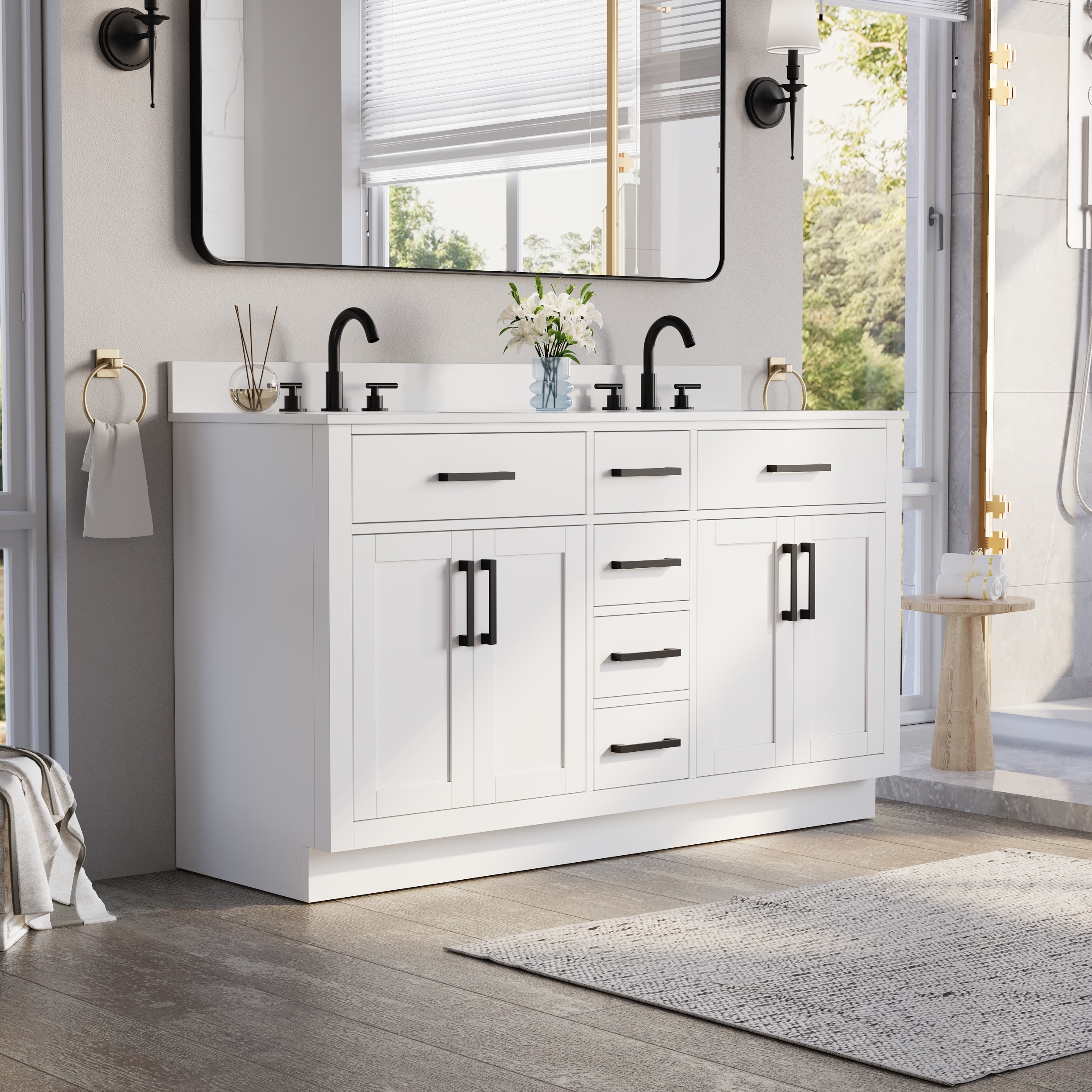 Forclover - Solid Wood Bath Vanity--Black Handle 60-in White Undermount Double Sink Bathroom Vani...