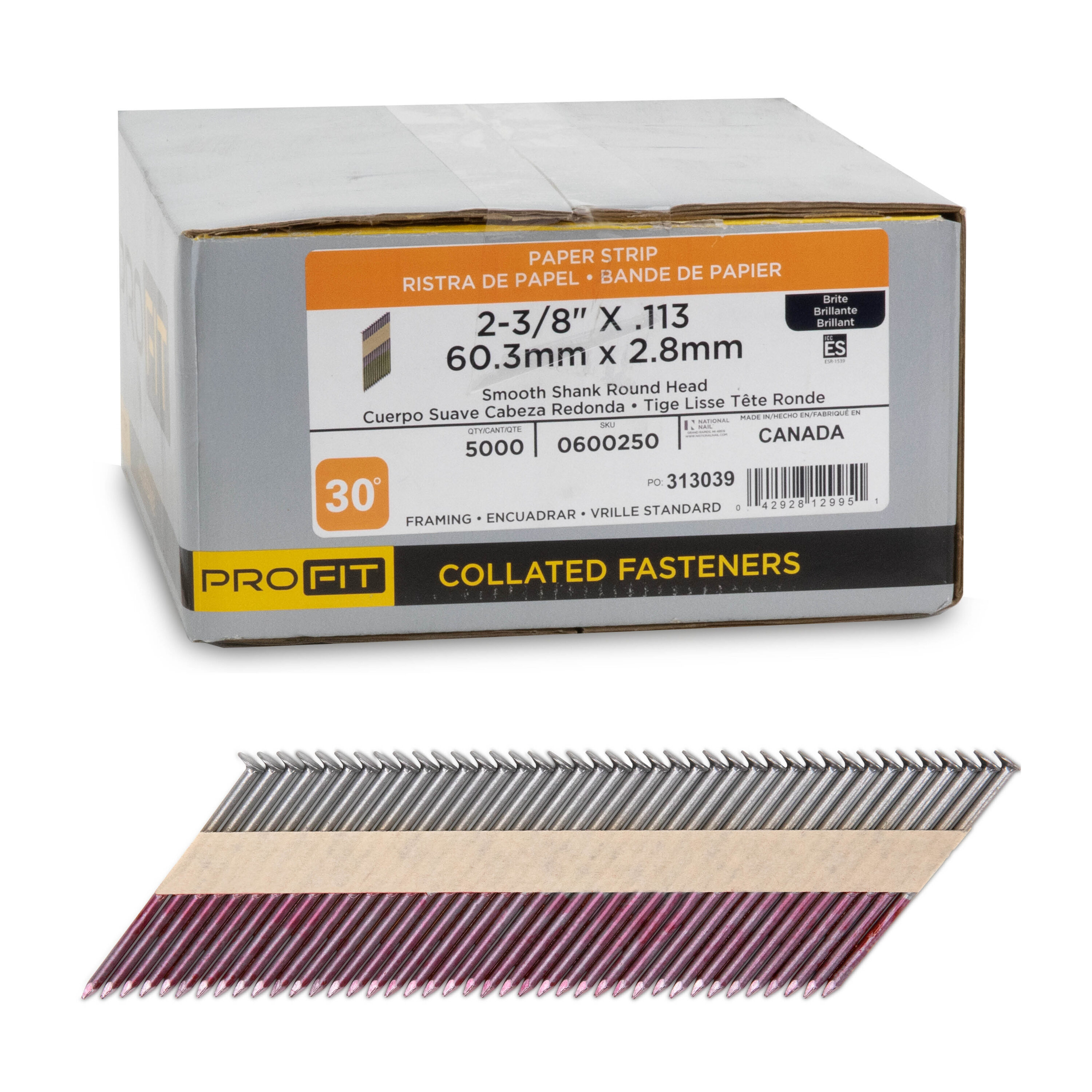 PRO-FIT 0600250 2-3/8-in x 0.113-Inches 30 -Degree Bright Smooth Shank Collated Framing nails ( 5000 -Per Box )