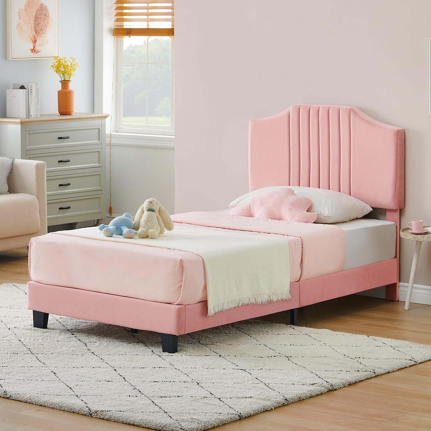 Qeetex LHF-BED-PHO-0YJ8XDU2 Twin Size Bed Frame with Velvet Upholstered Metal Platform Bed Frame with Headboard for Girl Wooden Slats Support No Box Spring Needed/Noise-Free/Easy Assembly Pink