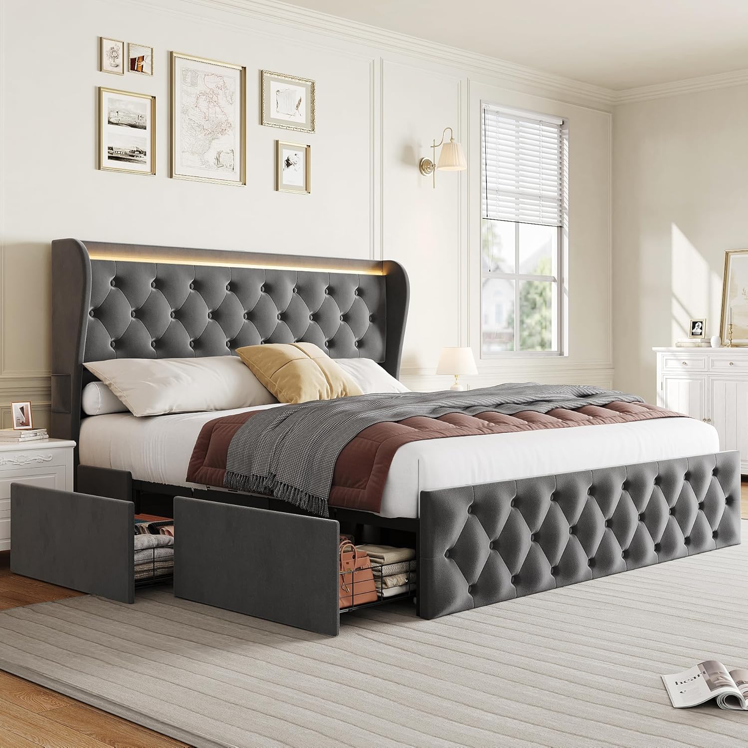 Qeetex LHF-BED-PHO-15HJ2RNQ King Button Tufted Bed Frame with Tall Headboard King Velvet Upholstered Bed Frame with Wingback Headboard Led Lights/Charging Station/4 Storage Drawers/No Box Spring Needed/Grey