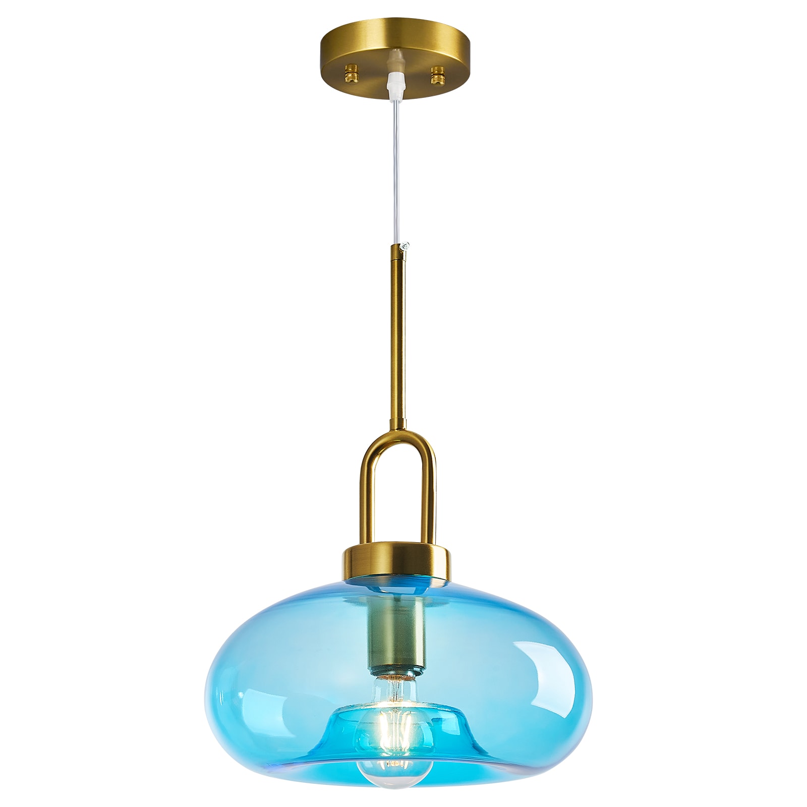 ZHLLMQ Modern 1-Light U-Loop Hanging Style Brushed Blue Finish Transparent Colored Glass Flat Disc Shaped Non-Integrated LED 11.02 Inch Kitchen Island Hardwired Pendant Light