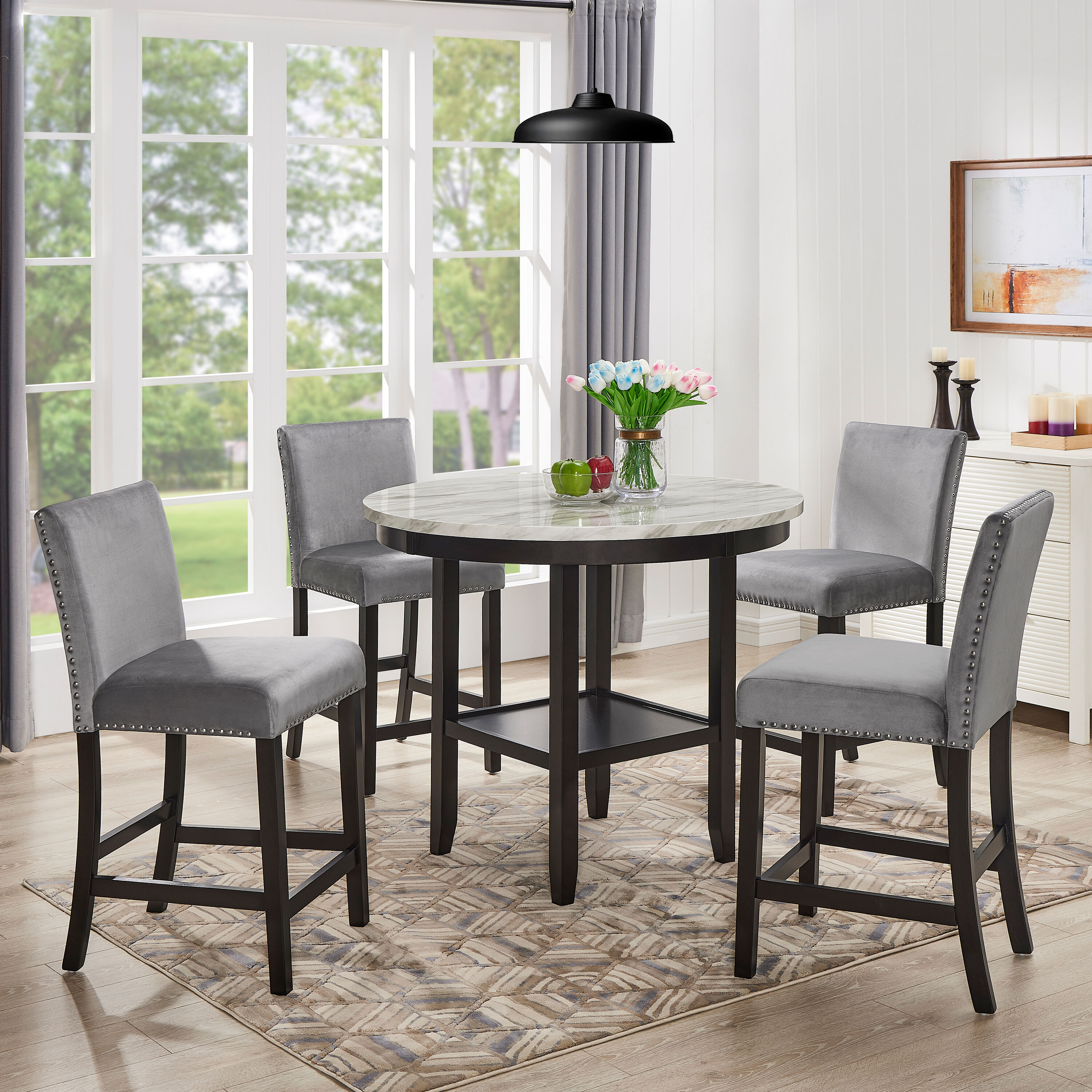 Roundhill Furniture PT400-PC262GYX2 Mella Gray Contemporary/Modern Dining Room Set with Round Table ( Seats 4 )