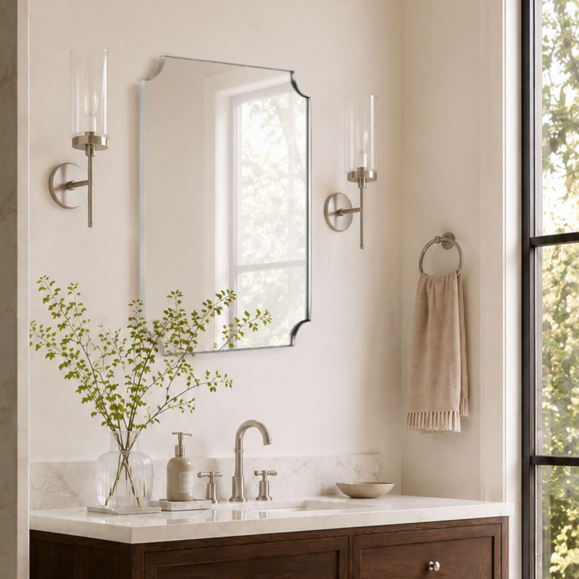 TEHOME  24 in W x 30 in H Scalloped Octagonal Metal Framed Wall Mounted Bathroom Vanity Mirror in Chrome