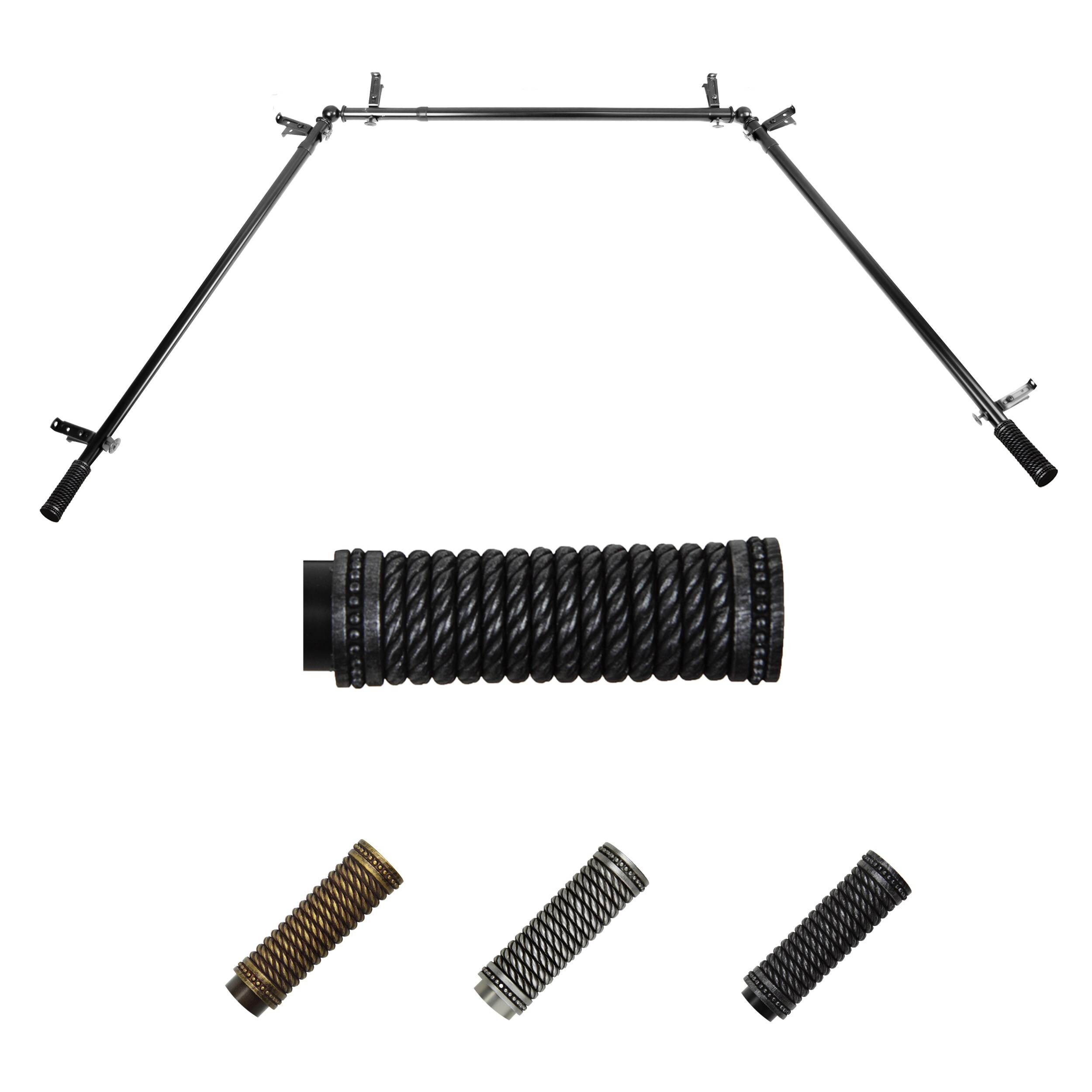 Hart & Harlow LO-ABAY-11-2 72-in to 144-in Black Steel Bay window curtain rod with Finials