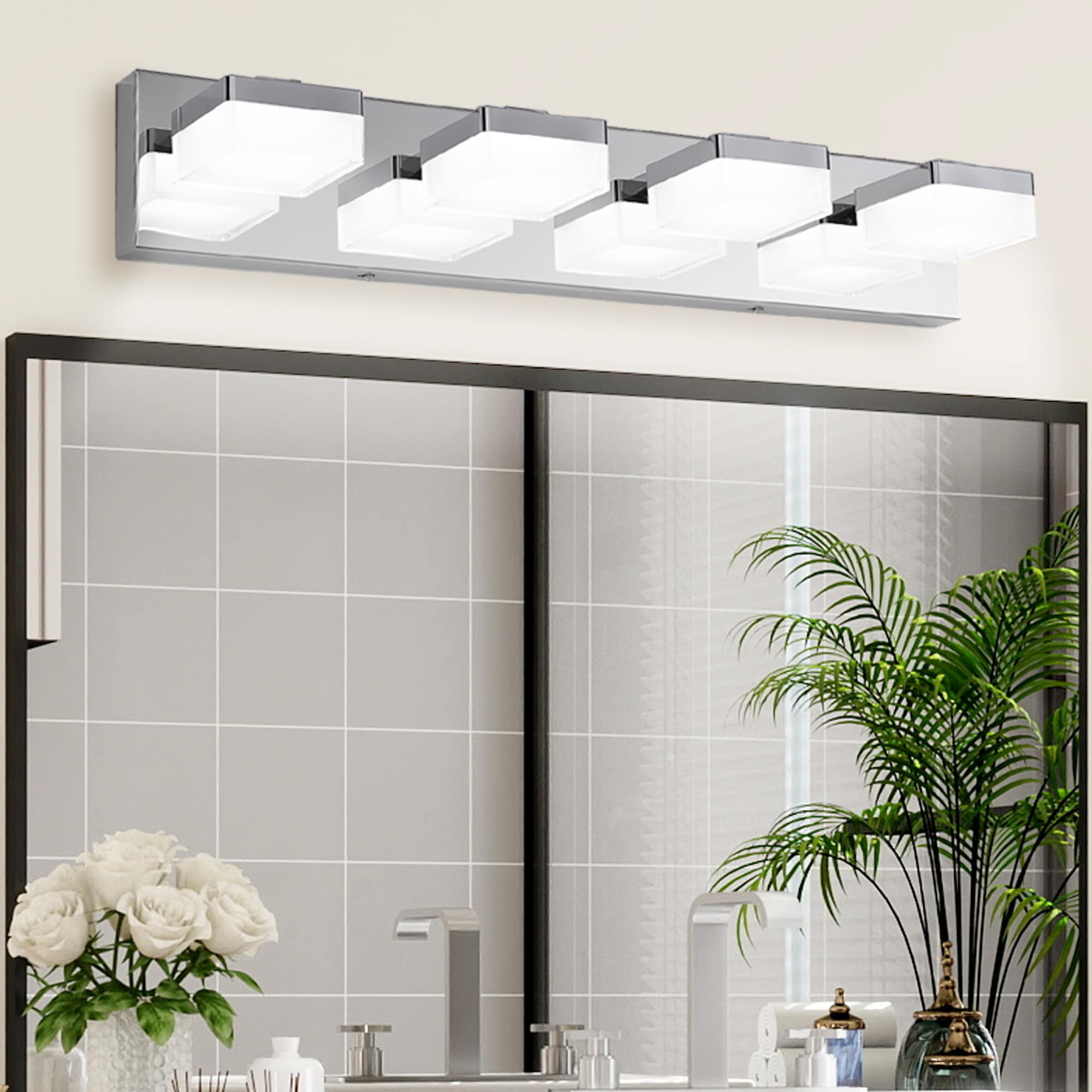 Cuschoice 24 in. 4-Light LED Vanity Light Chrome Bathroom Mirror Wall Sconce Energy Saving Durable Easy Install Modern Fixture