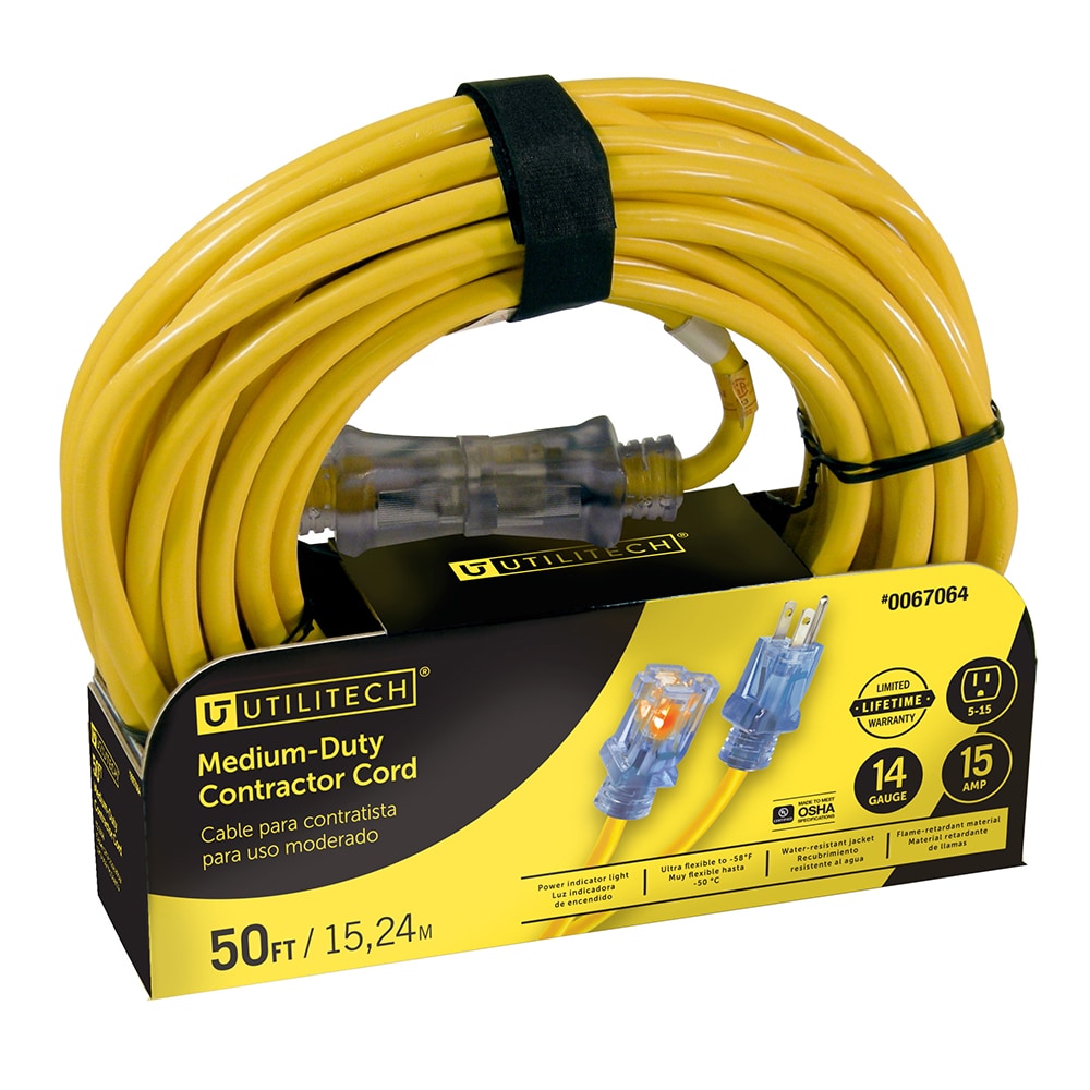 Utilitech Outdoor 50-ft 12 / 3-Prong Outdoor Sjtw Heavy Duty Lighted Extension  Cord in the Extension Cords department at